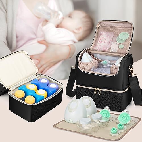 Miniatura 6 de Fasrom Bolsa para extractor de leche con compartimento enfriador compatible con bomba Elvie y Medela, bolsa de bombeo portátil con correa cruzada y