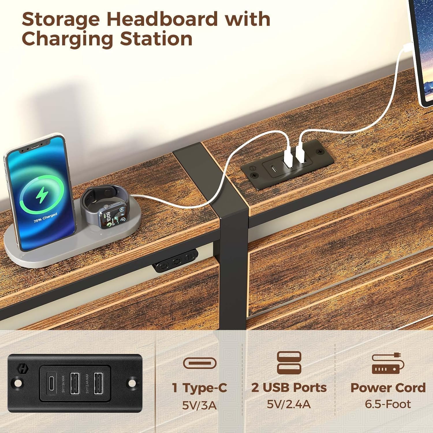 Rolanstar Bed Frame Twin Size with USB Charging Station, LED Bed Frame with Wood Storage Headboard, Rustic Brown Metal Platform Bed with Under Bed Storage, No Box Spring Needed, Noise Free - Image 4