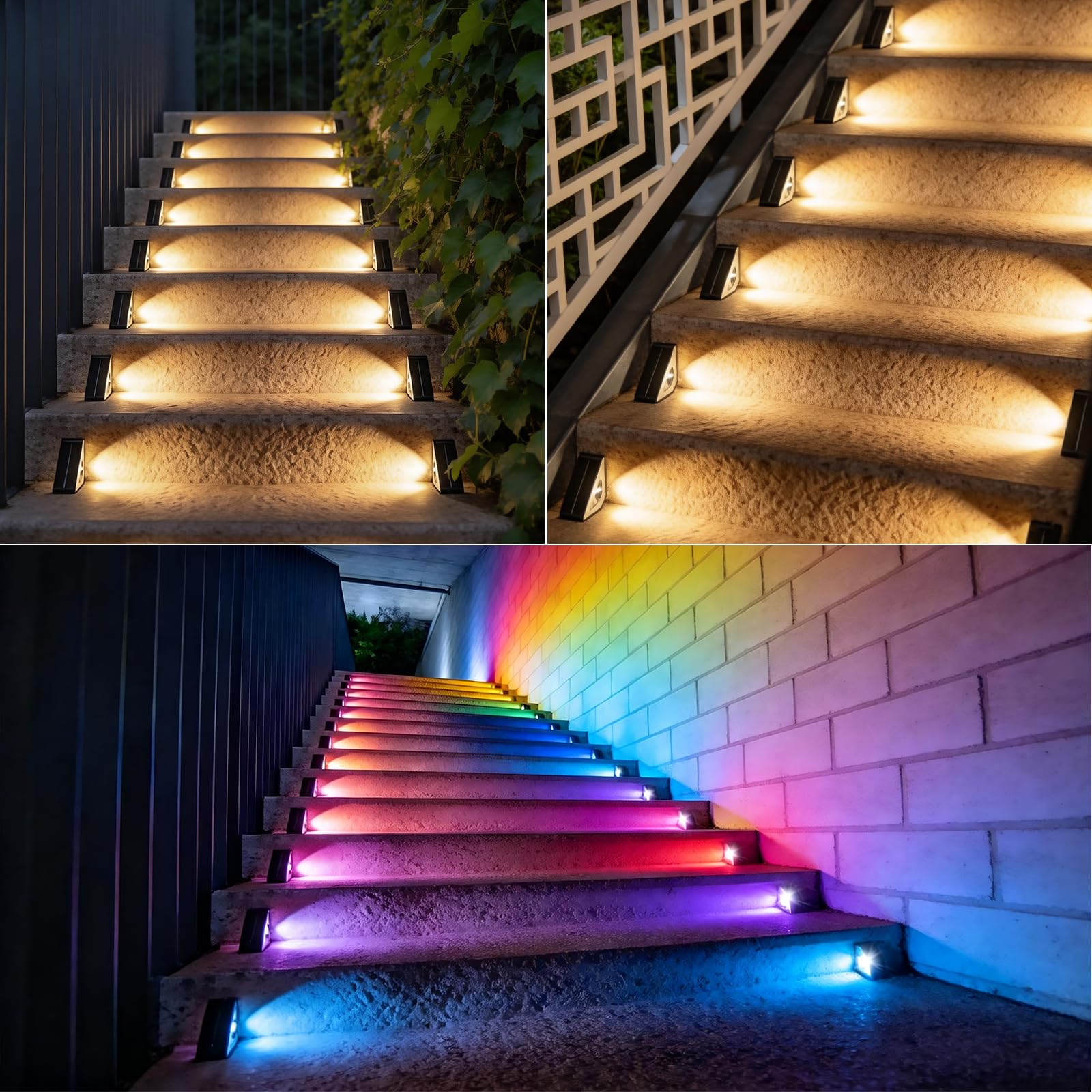 CREATESTAR Luce Solare per Scale 6 Pezzi,LED Luci Solari per Esterni 3 Modalità RGB Luci, Luci per Scale Esterne IP65 Impermeabile Per Scale, Cortile, Recinzione Giardino