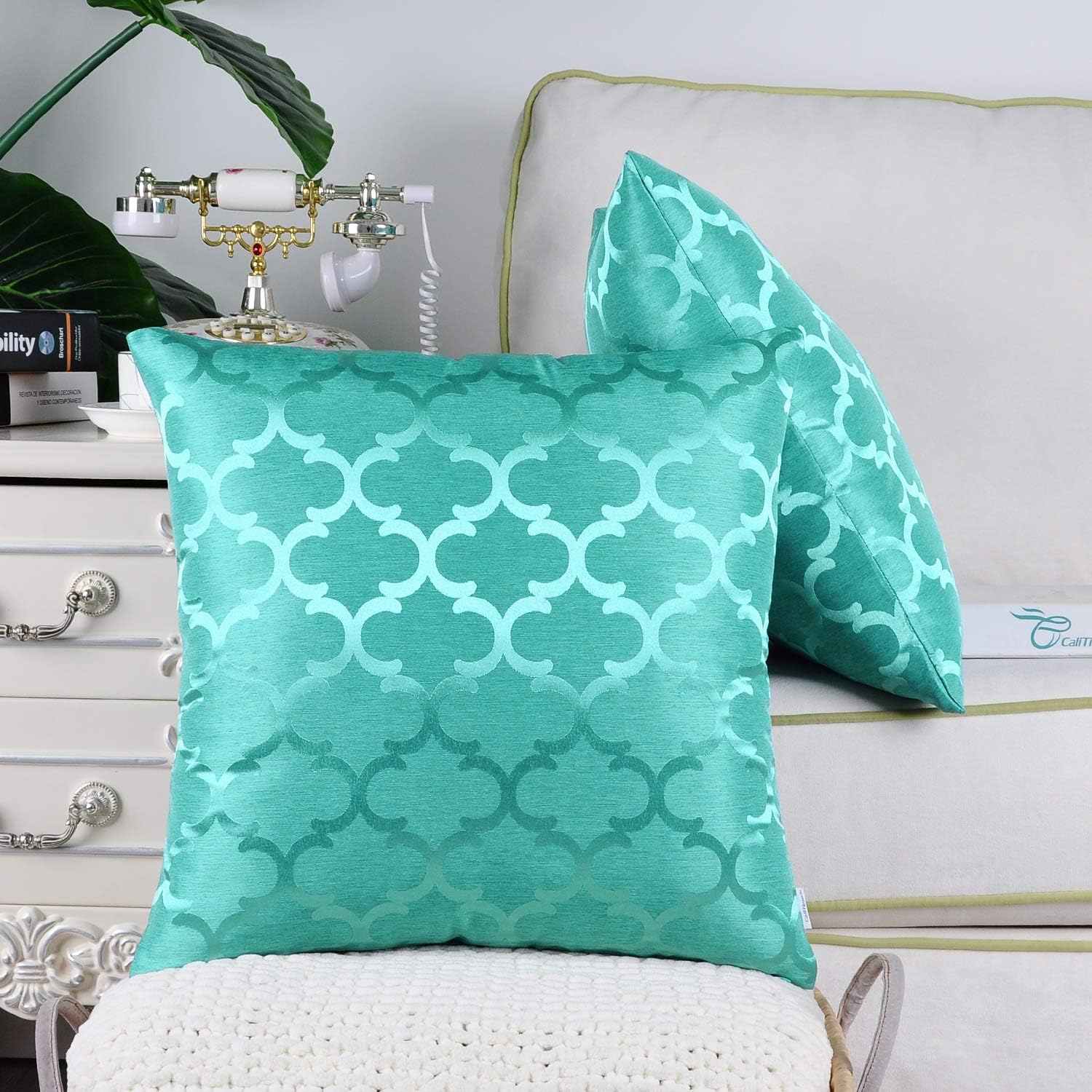 CaliTime Pack of 2 Cushion Covers Throw Pillow Cases Shells for Home Sofa Couch Modern Shining & Dull Contrast Quatrefoil Accent Geometric 18 X 18 Inches Turquoise