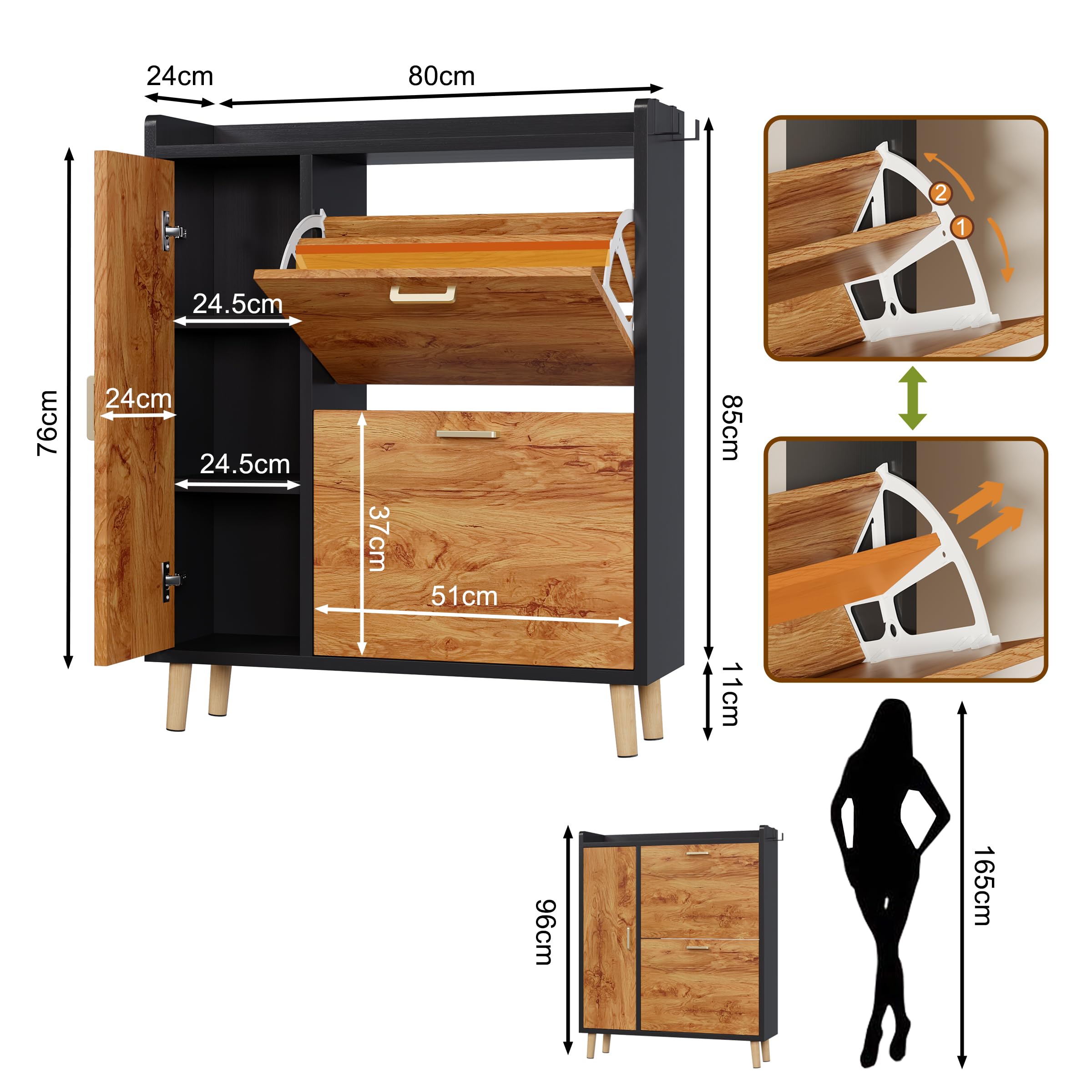 Scarpiera Salvaspazio Slim Con 3 Ante, Divisori Regolabili può Contenere Stivali, Scarpiera Ingresso Con Maniglie & 4 Gambe in Legno Massello Per Porta, Corridoio, Atrio (80x96x24cm, Nero)