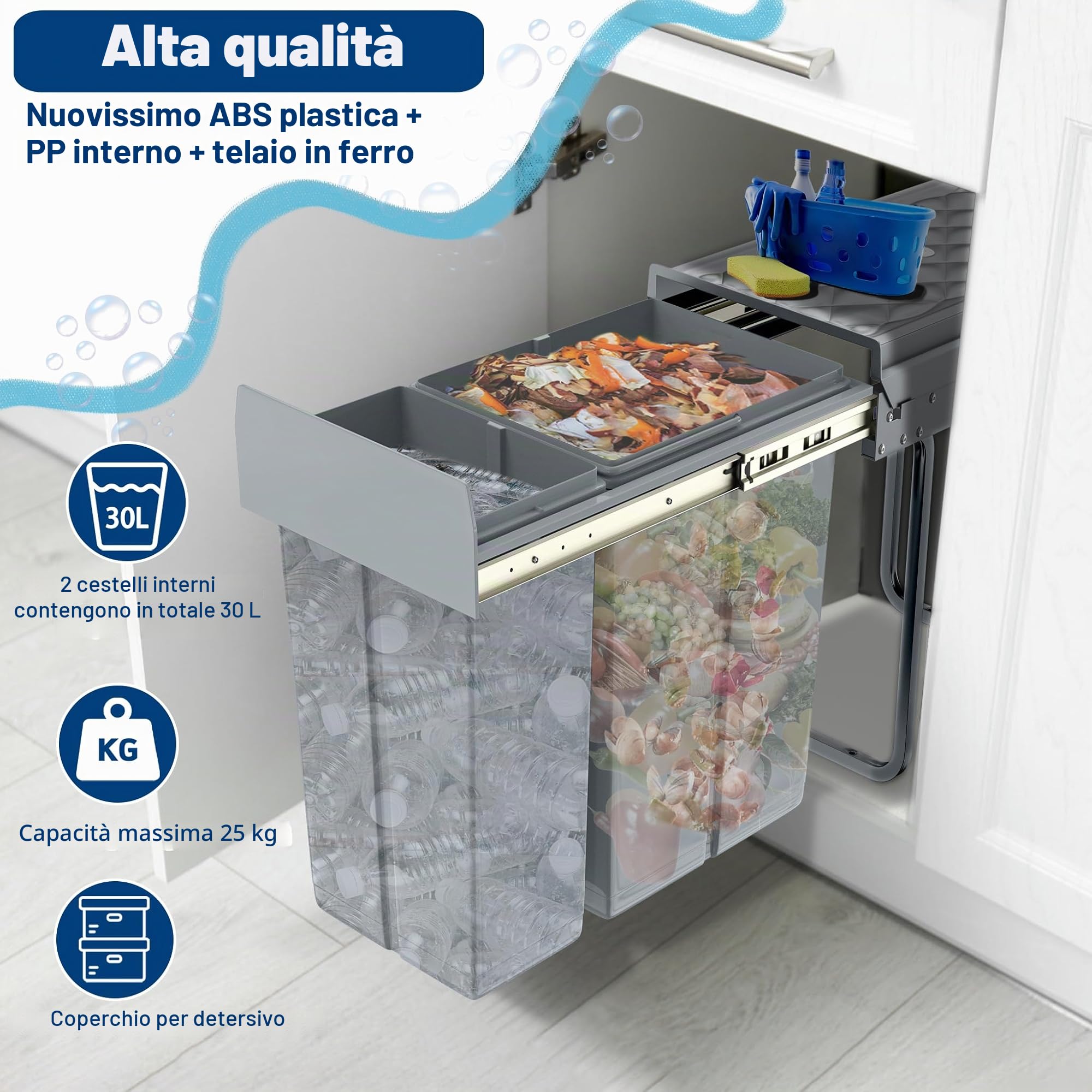 Froadp - Pattumiera da incasso per cucina, estraibile, con raccoglitore di rifiuti, 2 scomparti, sistema di separazione dei rifiuti, estrazione completa con guide telescopiche, 48 x 26 x 41,8 cm