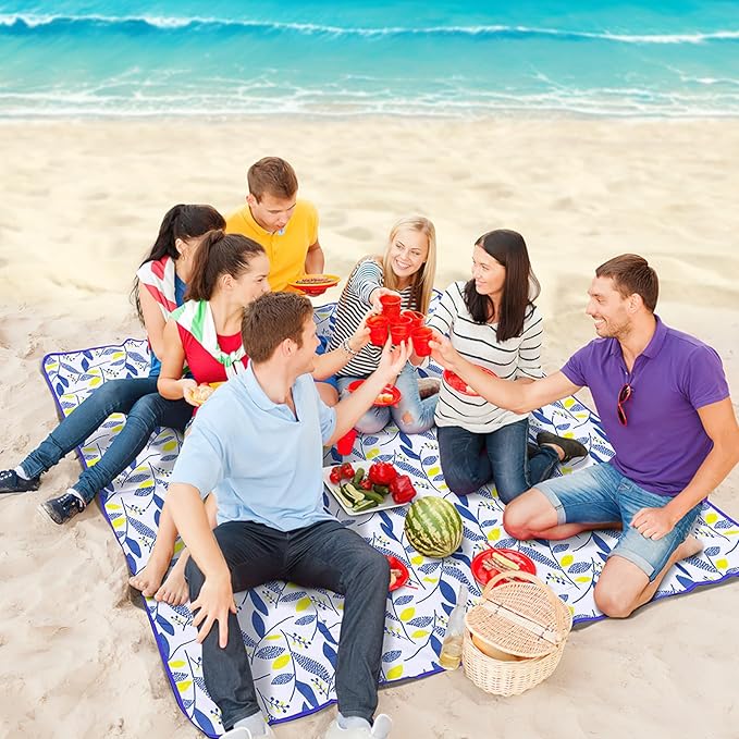 BIPASION Picnic Blankets, Outdoor Waterproof Picnic Mat, 77"x79" Extra Large Camping Blanket Foldable Sandproof Beach Mat Portable Floor Mat for Camping Hiking Travel Park Grass Tent, Blue Leaf