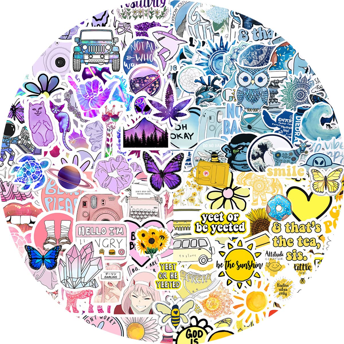 200 Pcs (50-350Pcs/Pack) Aesthetic Color Stickers for Kids Teens Girls Adults, Vinyl Blue Purple Yellow Pink Sticker, Mix Color Stickers for Water Bottles Laptop Luggage Car Bike