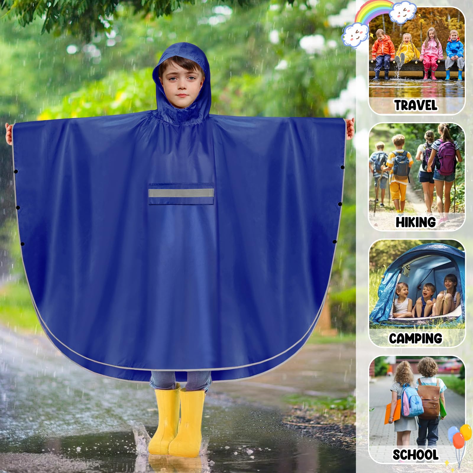 Chubasquero Niño Capa Chuva Criança Ligero Poncho Impermeable Niño Plegable Poncho Lluvia Unisex Chubasquero Niña Poncho Con Rayas Reflectantes Para Infantil 120-140 cm