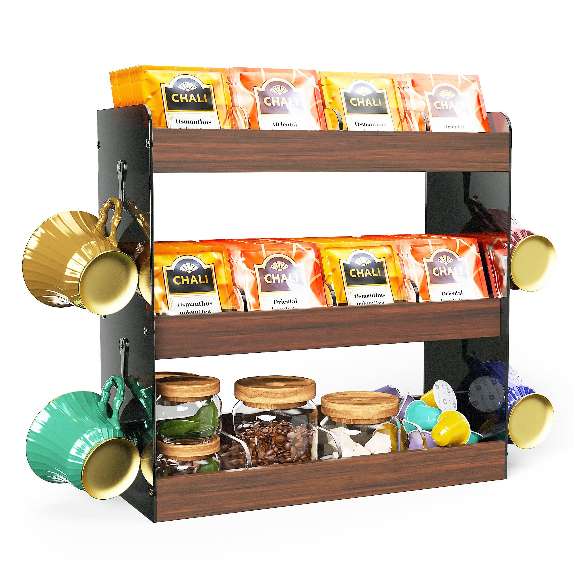 Wenfubrixa 3 Tier Tea Box Organizer Storage Box, Tea Bag Holder Organizer Wall Mount, Wood & Acrylic Tea Container for Tea Bags, Tea Caddy for Cabinet, Tea Station Organiser for Countertop (Brown)