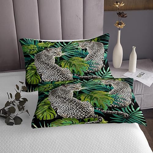 Miniatura 4 de Juego de colcha acolchada de leopardo 3D, tamaño Queen, estampado de guepardo, hojas de palmera tropicales, juego de edredón de animales de safari