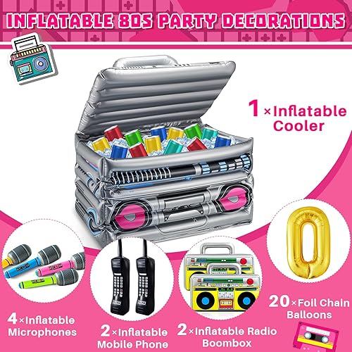 Miniatura 3 de Cunhill 29 piezas de decoraciones de fiesta de los años 80 y 90 incluyen caja inflable Boom Box, enfriador de bebidas, 20 globos de cadena de papel