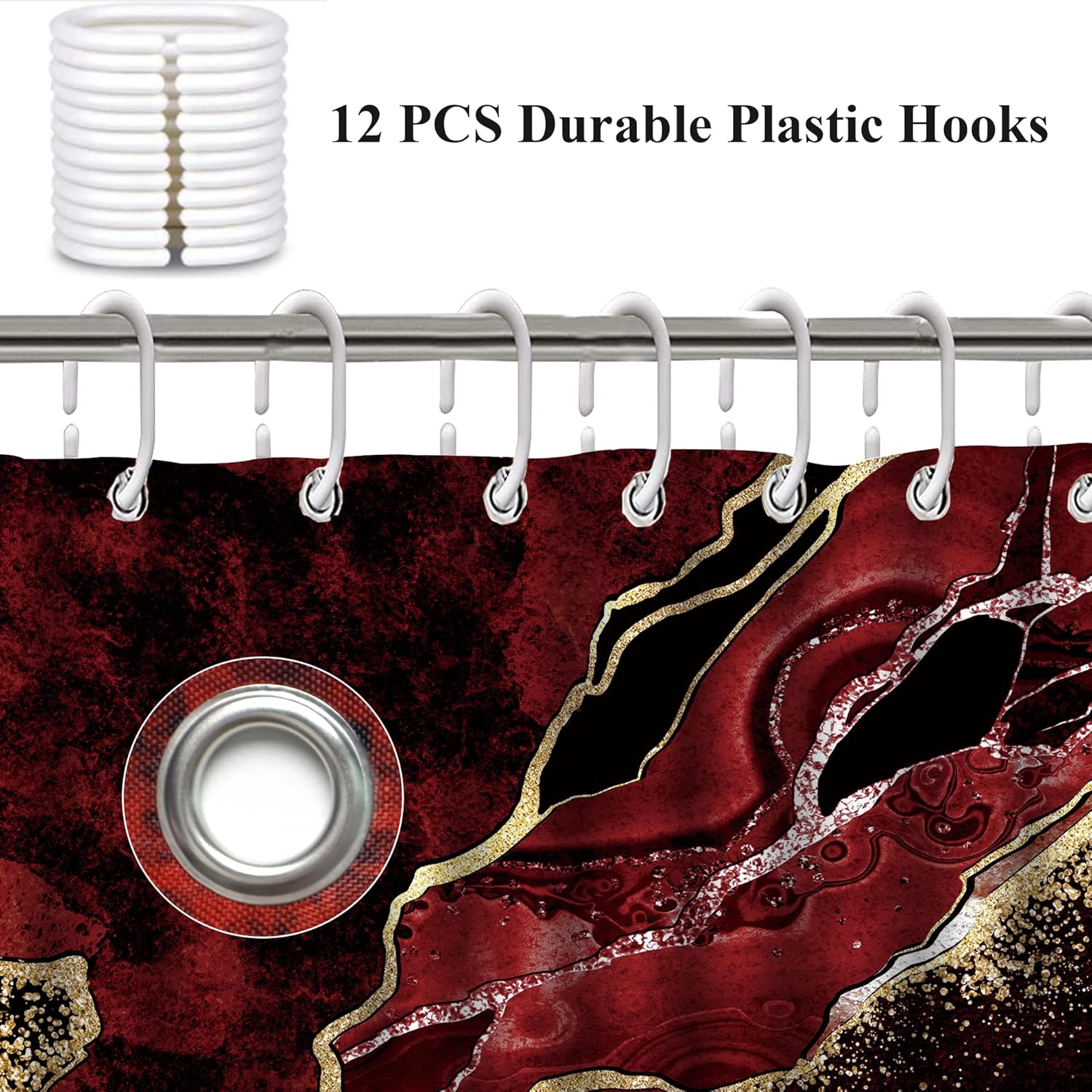 Wine Red Marble Shower Curtain Sets, Gold Cracked Lines Black Bathroom Decor, Rug Toilet Lid Cover and Non-Slip U Shape Mat, Abstract Modern Luxury Art Waterproof Shower Curtain with 12 Hooks, 72 x 72