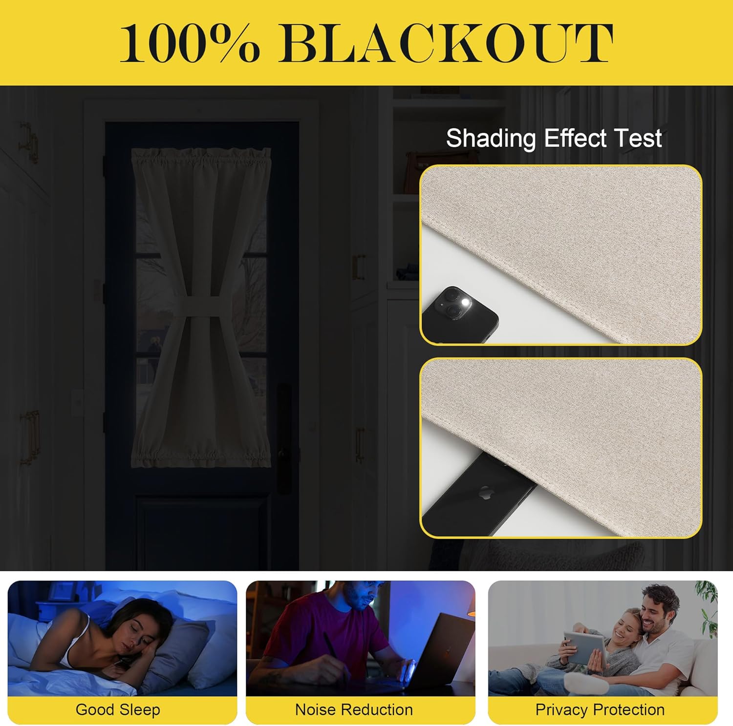NICETOWN 100% Blackout Linen Door Window Curtains for French Door, Darkening Short Thermal Insulated Blinds for Kitchen Glass Window, W 26 x L 50, 1 Panel, Linen