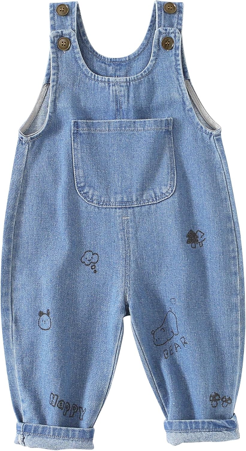 Happy Cherry Baby Boy Girl Denim Bib Overalls Cotton Button Suspender Overalls Jumpsuit
