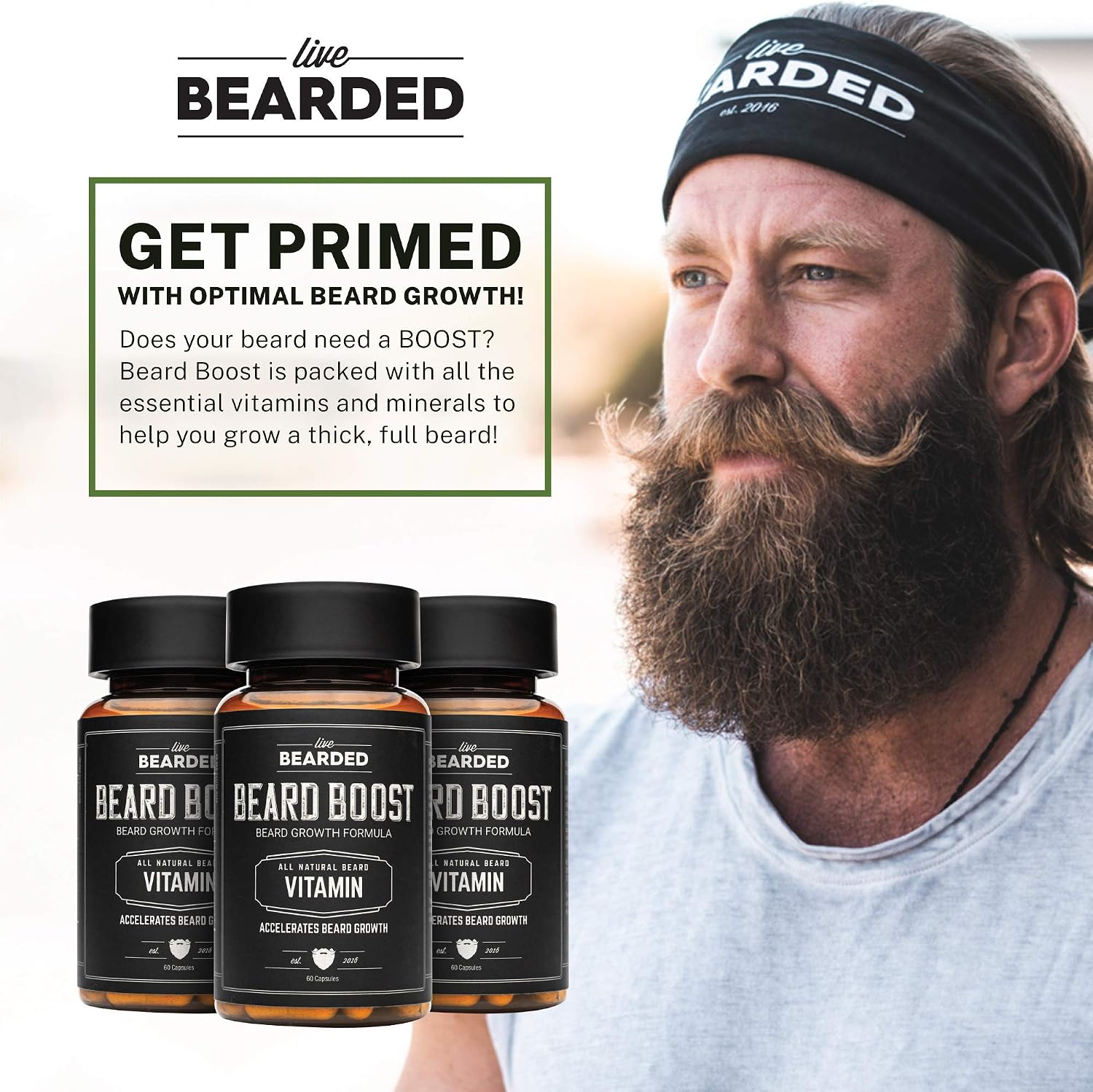Live Bearded: Beard Boost - Beard Hair Growth Multivitamins with Biotin 10,000mcg, Vitamin C, Vitamin E and Zinc - 90-Day Supply - Thick, Strong, Full Beard Growth Support - Made in the USA