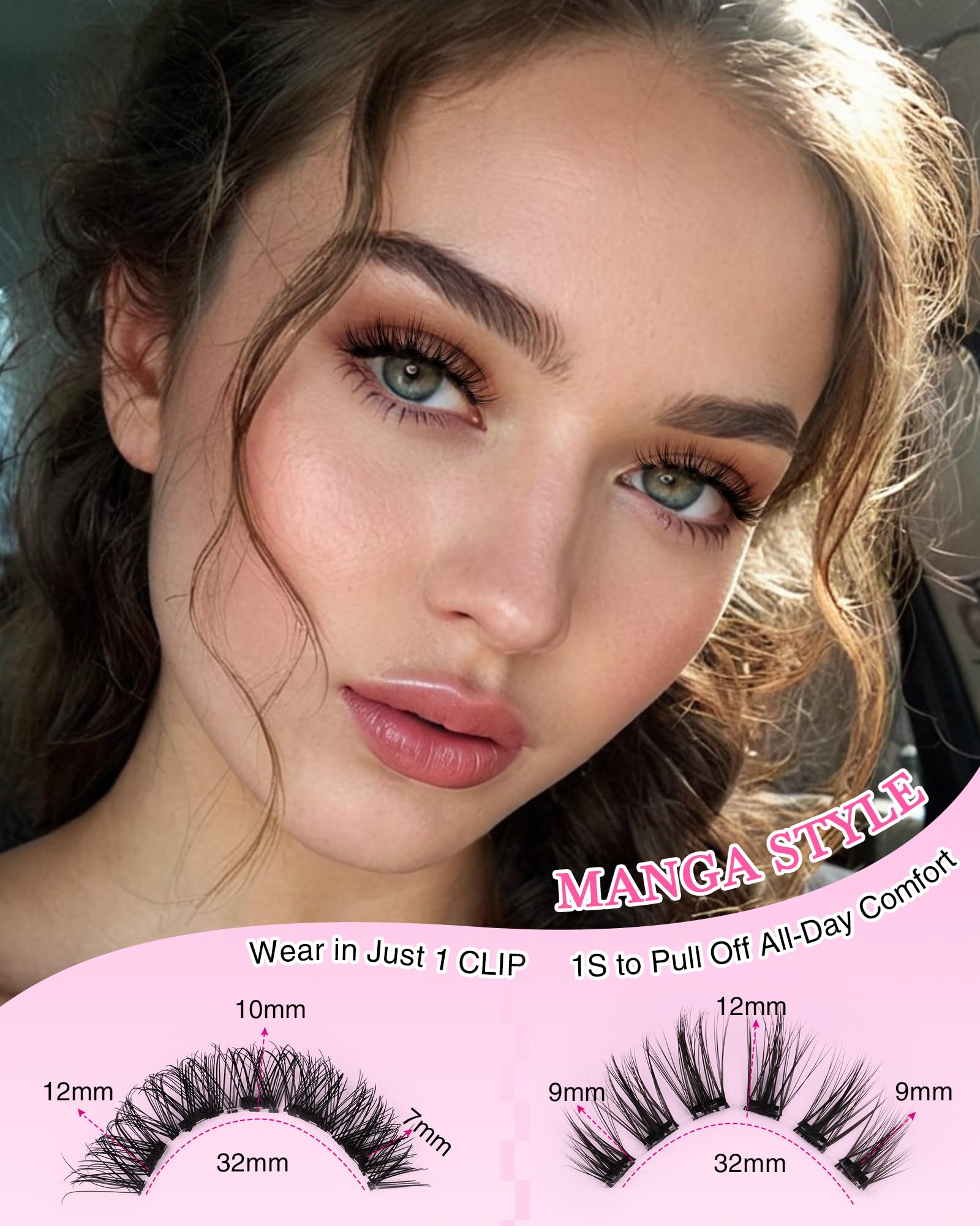 Ciglia magnetiche dall'aspetto naturale, 2 paia di ciglia magnetiche riutilizzabili su entrambi i lati, con applicatore e specchio, senza colla necessaria, colore nero (Manga Look 5-11 mm)