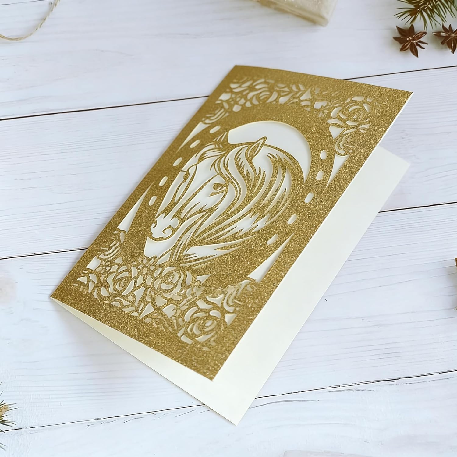 50 Pcs Glitter Gold Horse Laser Cut Birthday Invitations Sweet 16 Quinceanera Party Invites with Pocket Design - DIY Personalized Cards 5x7.1 inch