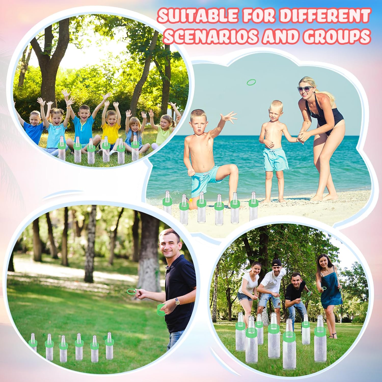 30 Pcs Ring Toss Game Carnival Game Set Include 24 Plastic Throw Rings and 6 Glass Bottles for All Occasions and Events, Summer Backyard Fun, Beach, Carnival Party Favor