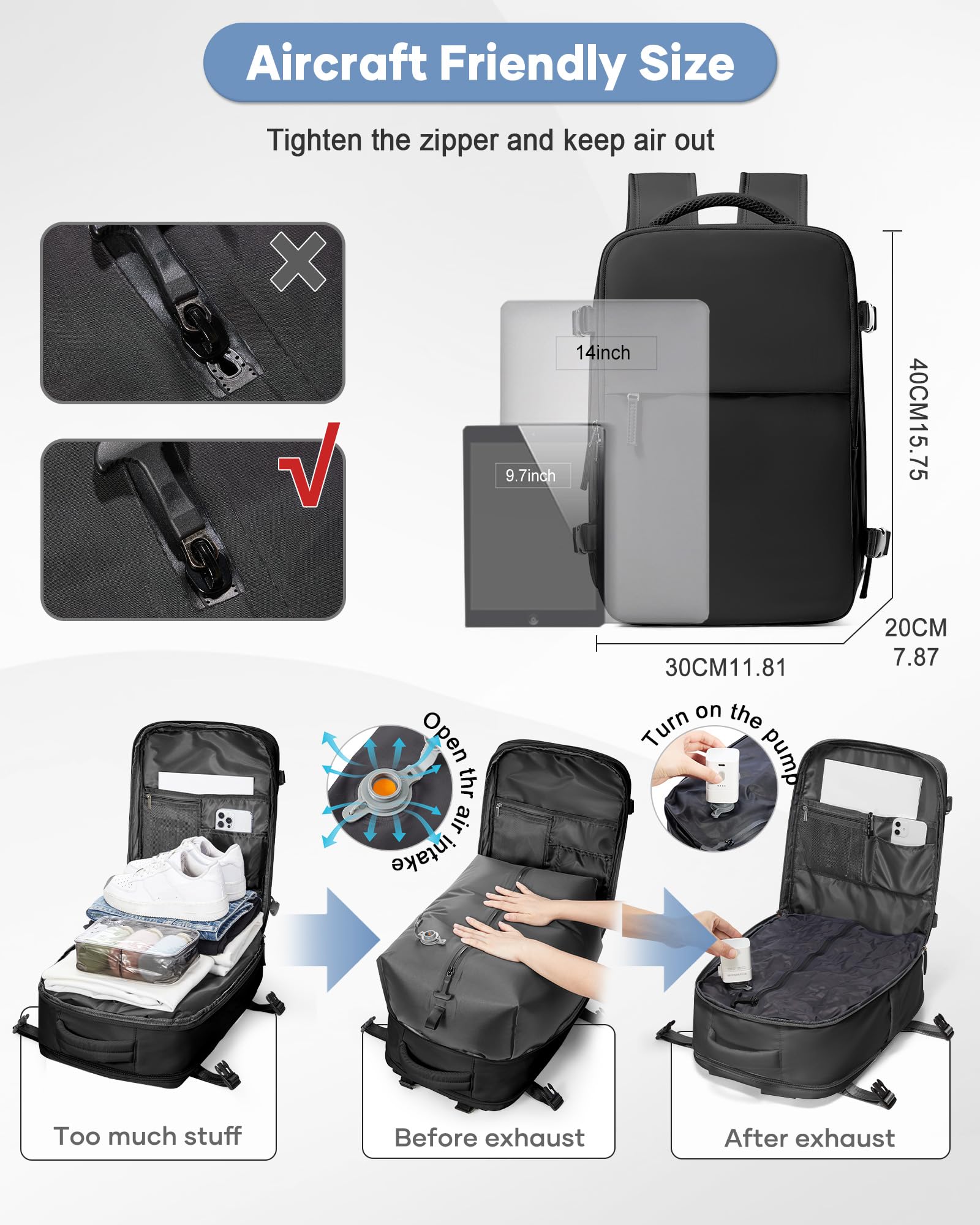 SZLX Sac à Dos Sous Vide Voyage 40x30x20 avec pompe Bagage Cabine Ryanair Wizz air Sous Vide Baggage Cabine 40x20x25 pour Ryanair Bagage à Main 45x36x20 Easyjet Sac Ordinateur Portable Femme Homme