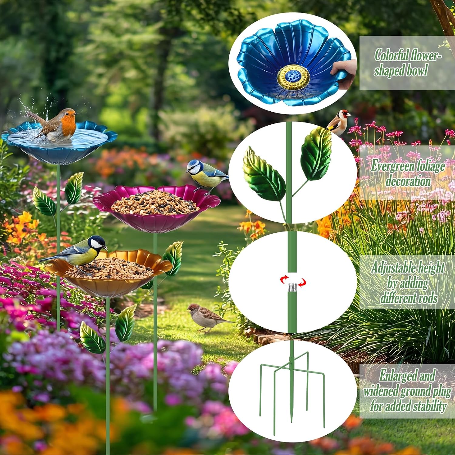 3 Pack Metal Bird Baths for Outdoors 31.5" H x 10.6" D Flower Bird Feeders with Metal Stake Colorful Hummingbird Watering Station for Garden Yard Lawn Decoration image 5