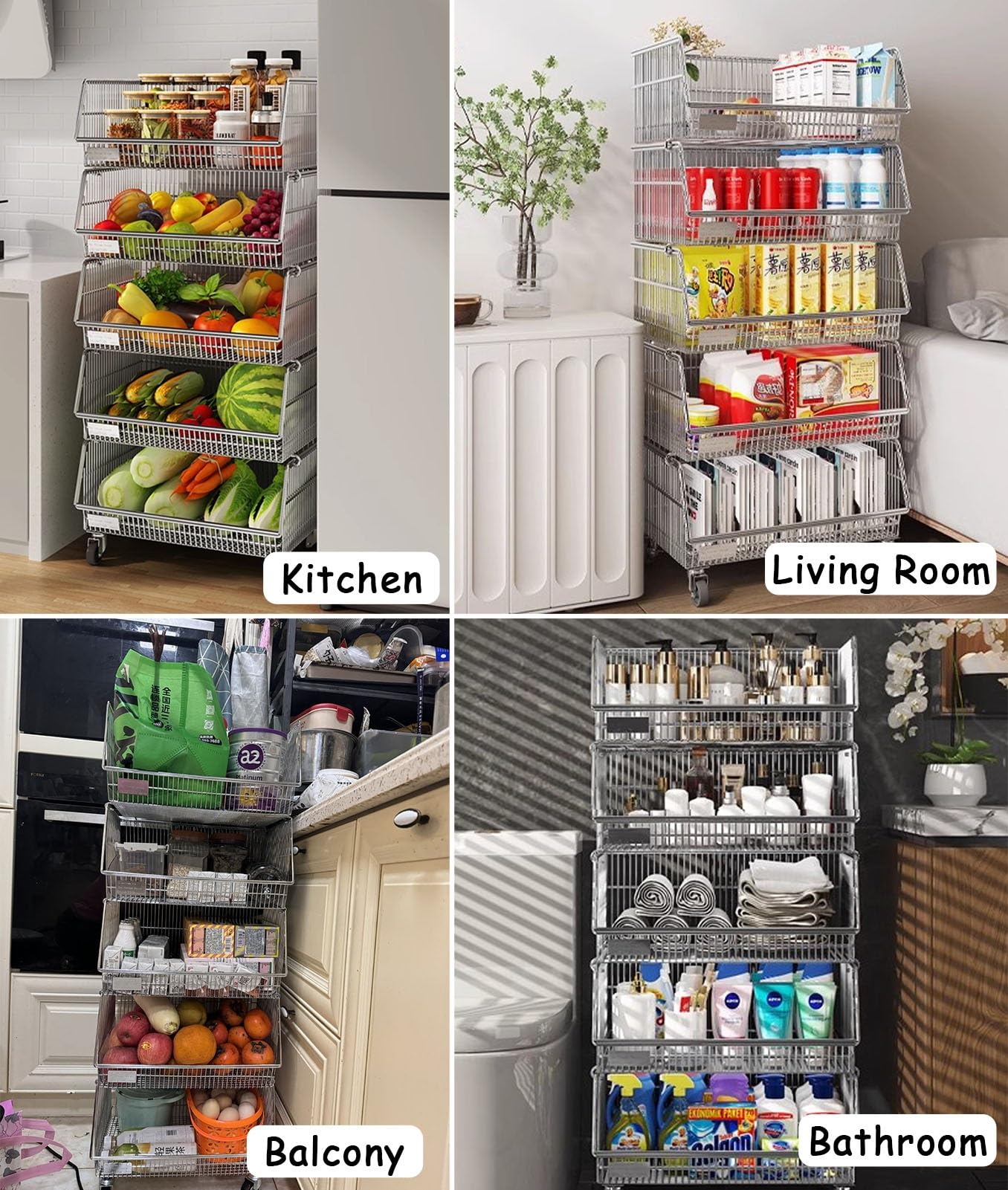 Metal Wire Fruit Vegetable Basket for Kitchen, Standing Rolling Snack Storage Organizer on Wheels, Heavy Duty Chips Candy Display Cart Stackable