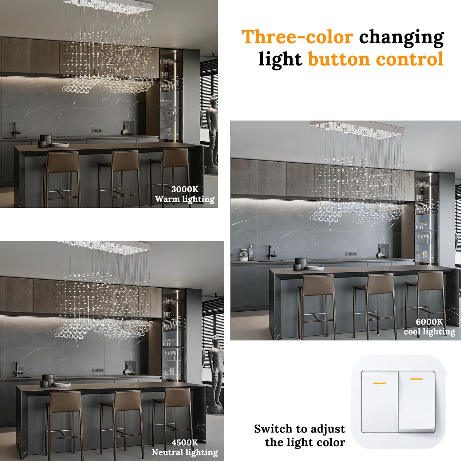 Finktonglan 39.4" Rectangular Crystal Chandelier for Kitchen Island, 8-Light Linear Island Pendant Light, GU10 Base (Bulbs Not Included), Height Adjustable Modern Dining Room Ceiling Light
