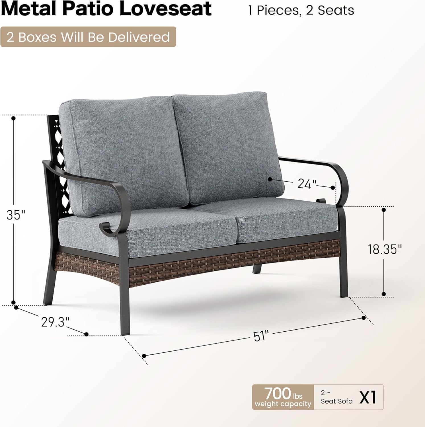 Metal Patio Furniture Loveseat with 5.75" Extra Thick Waterproof Cushion, 2-Seater Deep Seating & High-Back Black Outdoor Couch All Weather Outdoor Seating for Gazebo Porch, Gray