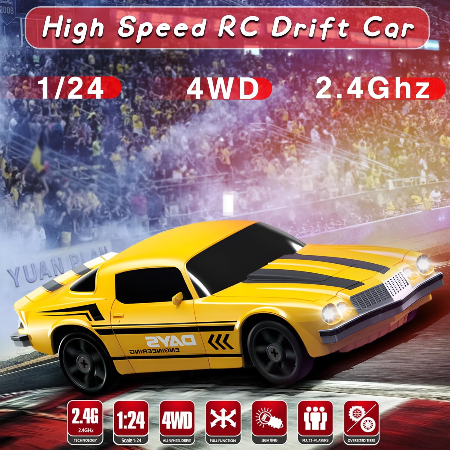 RC Drift Car 1/24 2.4GHz Remote Control Car 4WD High Speed Drifting RC Cars with Light Rechargeable Battery and Drift Tires Racing Cars Toys for Kids Adults Girl Boys, Yellow