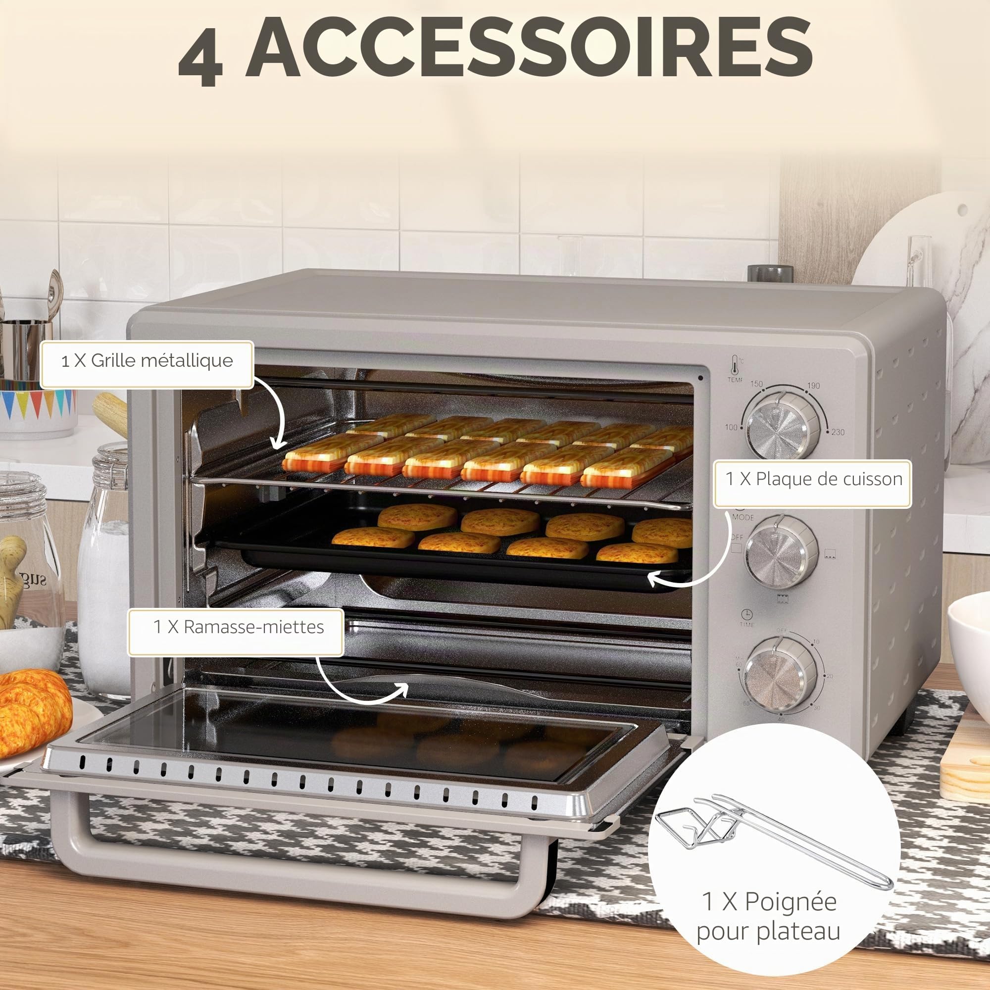 HOMCOM Mini four à pizza de 21 l, miniofen inkl. Backblech, Grillrost und Krümmelblech, 1400W Tischbackofen mit 1h Timer, Ofenrost, 100-230℃, Metall, Silber