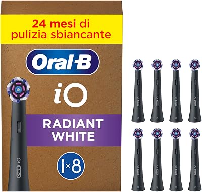 Oral-B Testine di Ricambio iO Radiant White, Nere, 8 Ricambi – 8 Testine di Ricambio per Spazzolino Elettrico, Rotonde Originali, Setole Angolate e Setole Lucidanti, Pulizia Denti