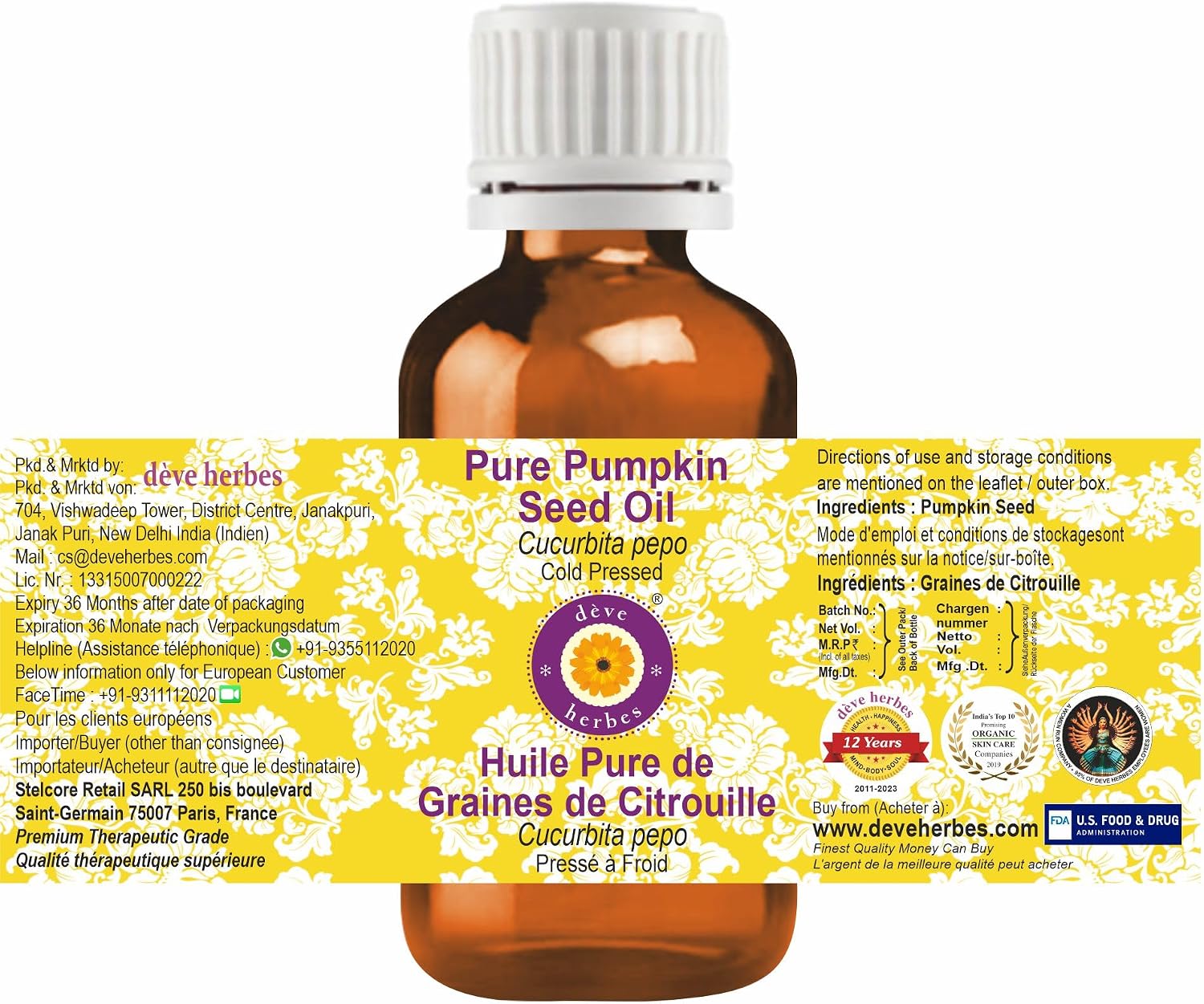 dève herbes Pumpkin Seed Oil (Cucurbita pepo) | Cold Pressed | Pure | Natural | Undiluted | For Diluting Essential oils | For Hair, Skin & Massage | Non-Sticky| Lightweight| Unisex | 100ml (3.38 oz)