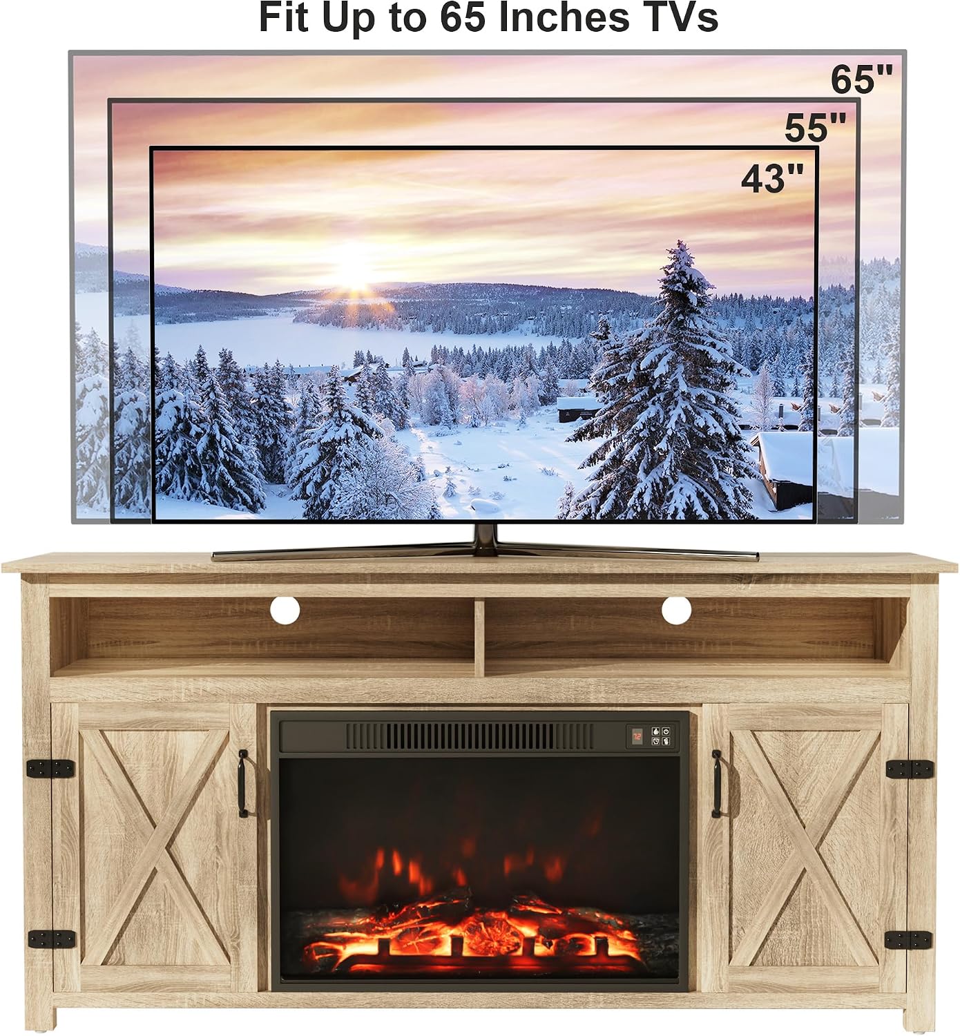 TV size compatibility for the Furmax Farmhouse Fireplace TV Stand, showing 43, 55, and 65 inch TVs