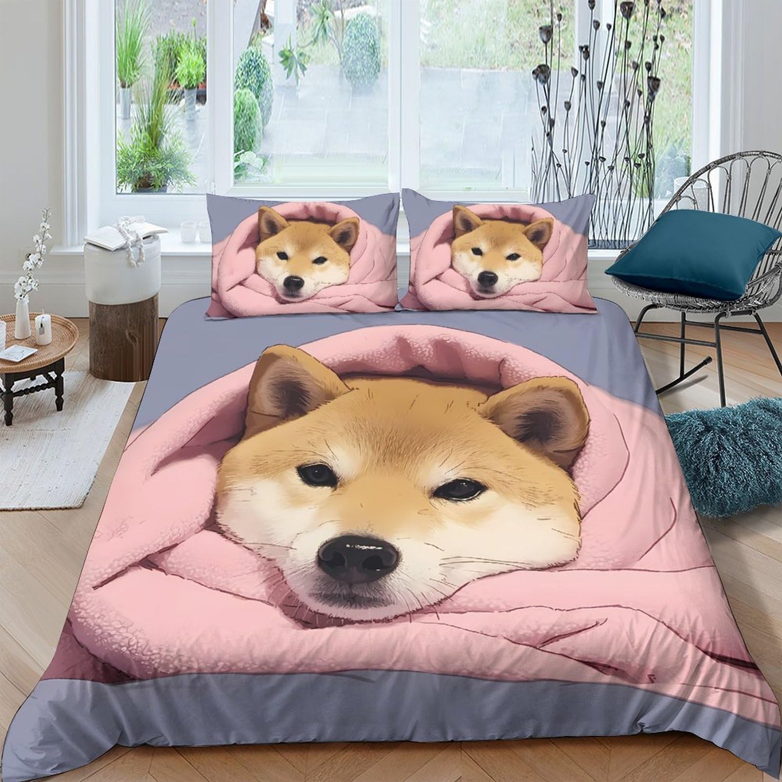 Ctjqhvkz Style-4 3D Printed Shiba Inu Dog Fitted Sheet Microfiber Soft Pink Grey Blanket Bed Cover For Bedroom Dorm Mattress Decor, Anti-Slip Easy Care Single（135X200cm）