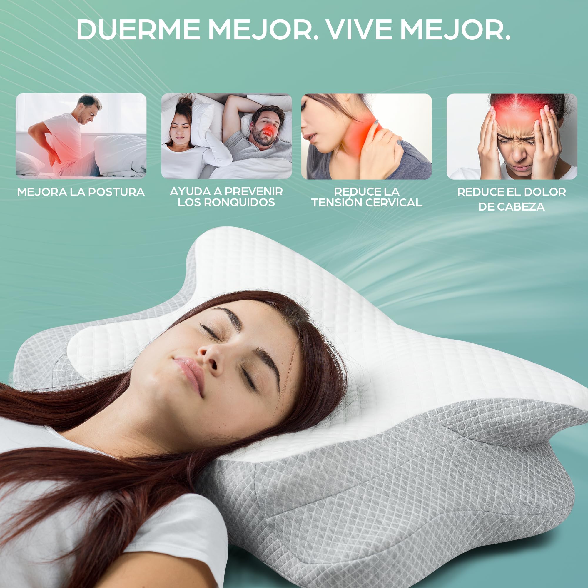 Flowen Almohada Cervical y Cuello Espuma de Memoria Cojin Ortopédico para Dormir Antiácaros Antialérgico y Transpirable Ideal para Dolores de Cuello Forro Antibacteriano Extraíble y Lavable