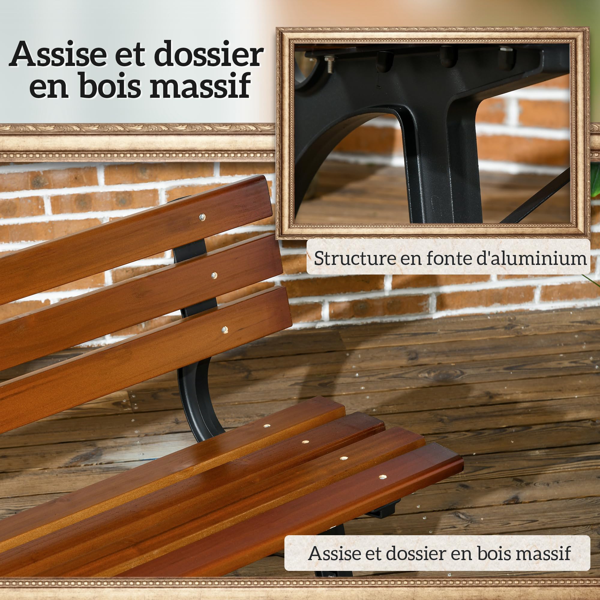 Outsunny Banc de Jardin extérieur 2 Places en Aluminium et Lattes de Bois, dim. 120L x 57l x 70H cm