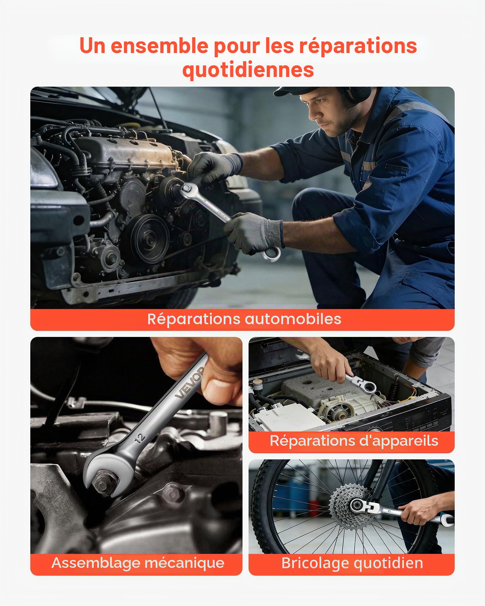 VEVOR Jeu de Clés Mixtes 24 Pièces, Clé Plate à Cliquet avec Tête Flexible, pour Réparation Domestique et Automobile Atelier, SAE et Métrique, 72 Dents, en Acier Cr-V, avec Coffret de Rangement
