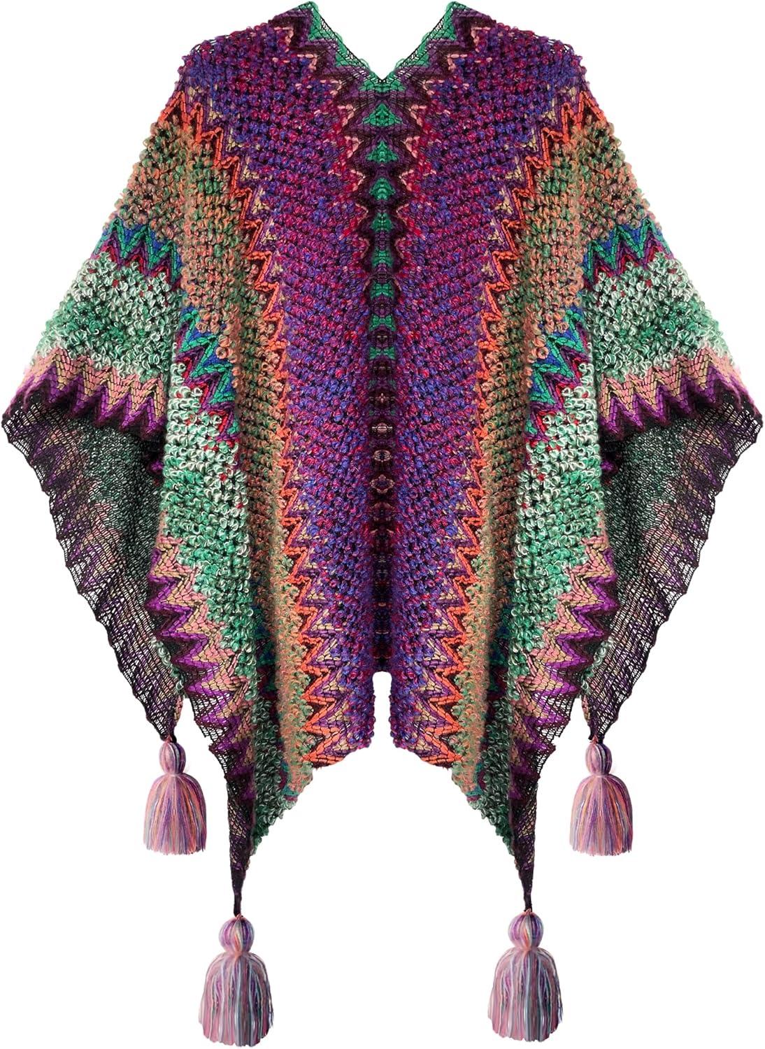 Urban CoCo Women's knit Vintage Ethnic Tassel stripe Poncho Shawl - Image 2