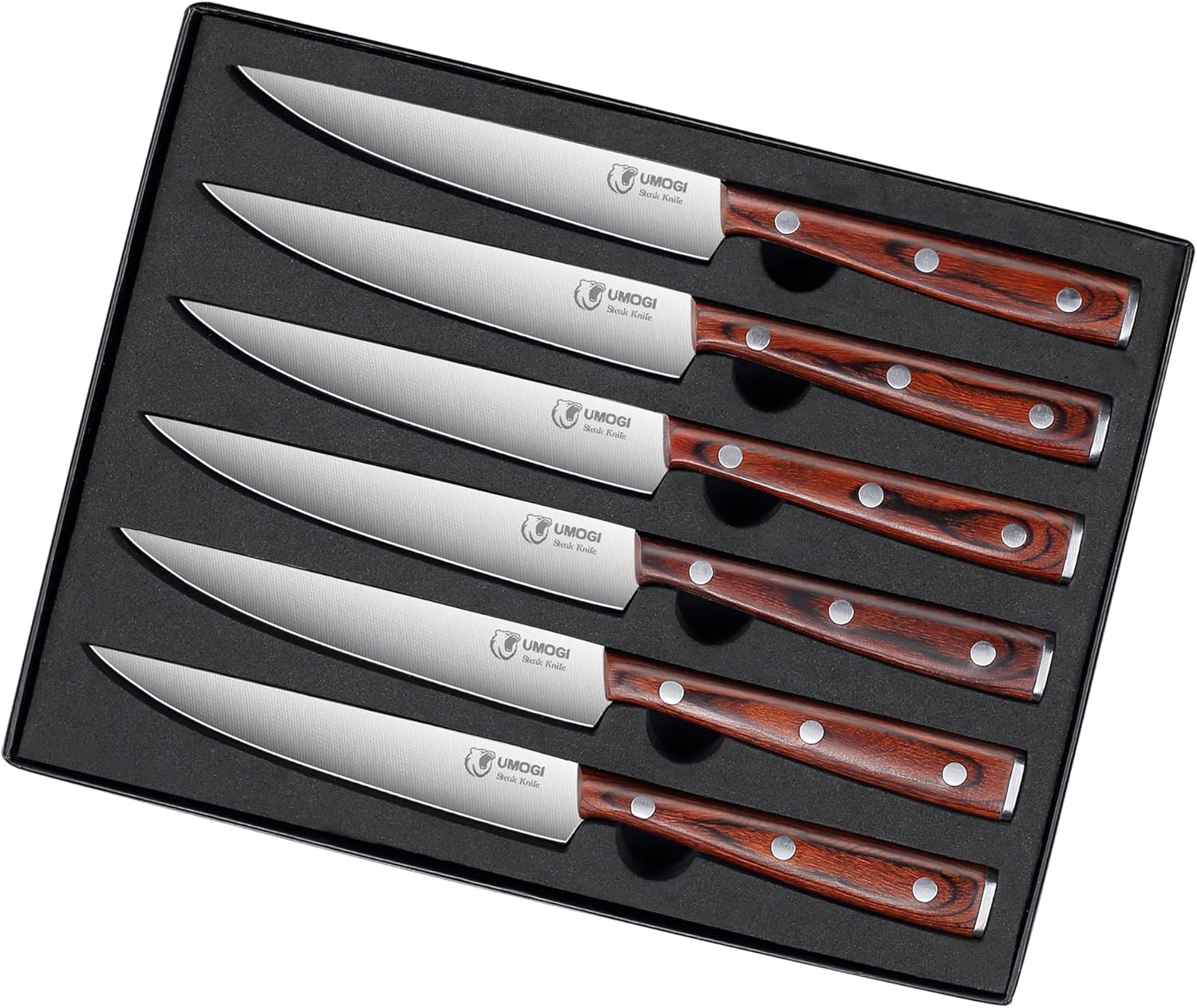 Premium Steak Knives Set of 6 in Gift Box Natural Wooden Handle