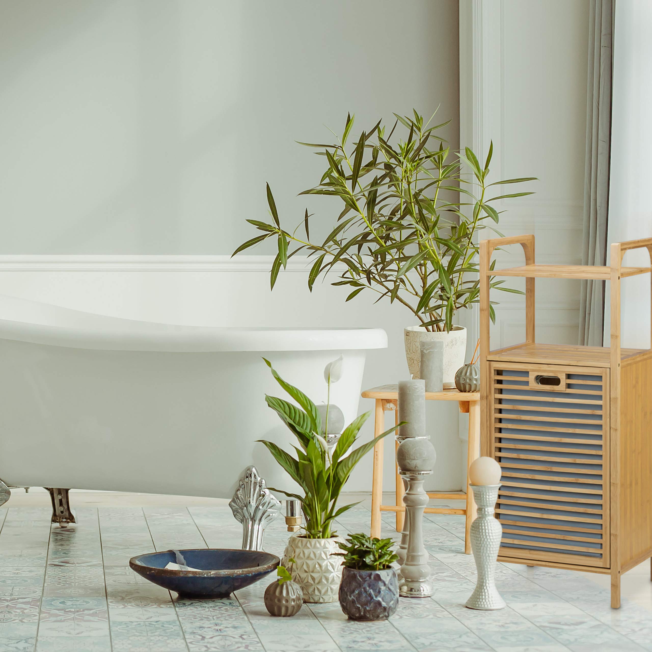 Relaxdays Mobiletto con Portabiancheria, Bambù, 95x40x30 cm, 2 Ripiani, da Bagno, Cesta pieghevole, 25 L, Legno Naturale