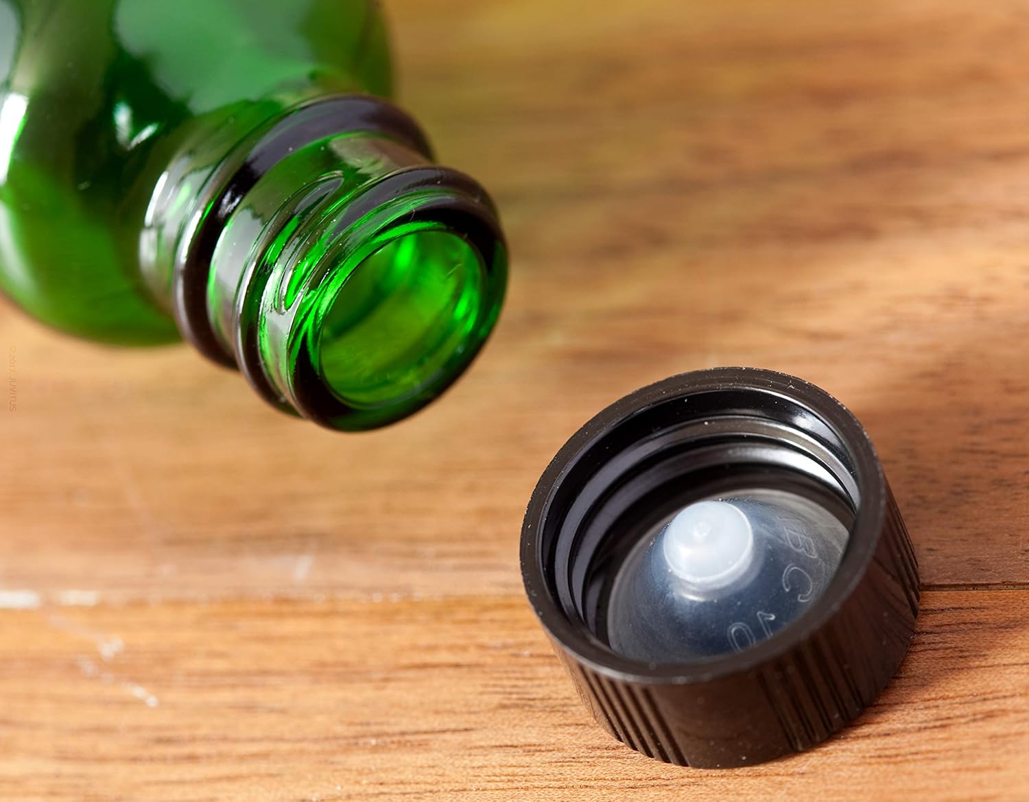 JUVITUS 1 oz Green Glass Boston Round Bottle with Black Phenolic Cone Lined Caps (24 Pack) + Funnel I Refillable Empty Storage Containers