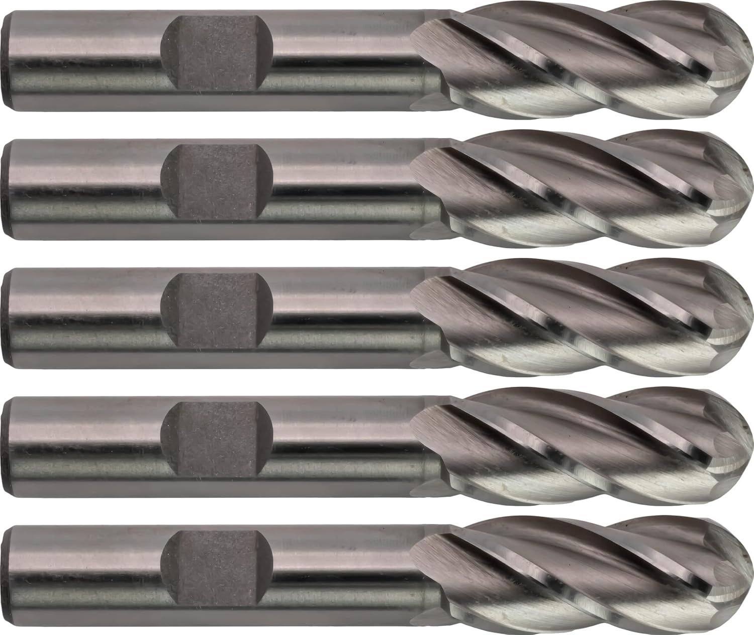 5 pcs M42 Cobalt End Mills, Ball Nose, Bright (Uncoated) Finish, 7/16 Mill Diameter, 1 Length of Cut, 4 1/8 Overall Length, 4 Flute, Center Cutting