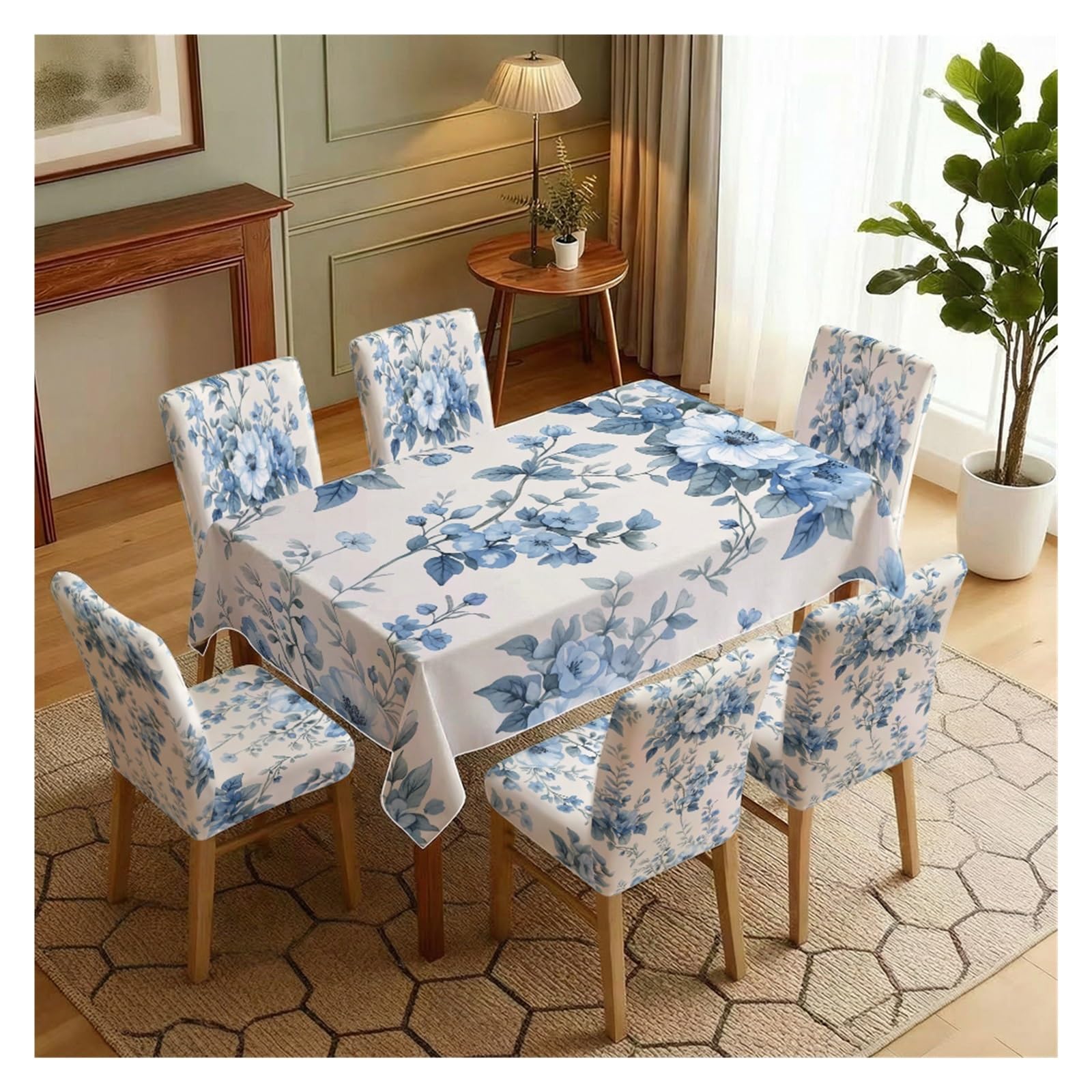 BOSUYBN Soft Blue Watercolor Peony Floral Print Dining Tablecloth & Chair Covers Set, 5/7 Piece Elegant Vintage Farmhouse Dining Decor Table Setting(7pcs Set: Tablecloth+Chair Covers)
