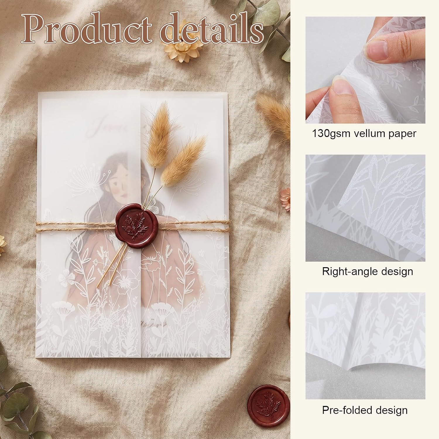 30 Pack Vellum Jackets, Vellum Jackets for 5x7 Invitations - Pre-Folded Invitation Sleeves for Wedding, Baby Shower, Birthday