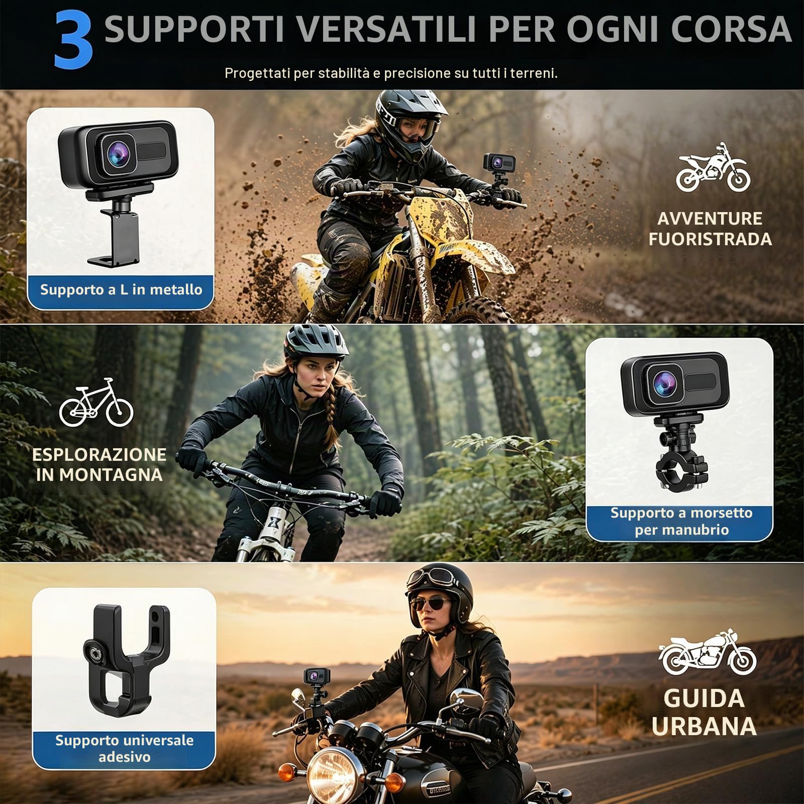 Action Camera portatile, 2K e 120°, grandangolo per moto, Wi-Fi, sensore G, blocco collisione, con IP65, per moto, bici elettriche e sport all'aria aperta