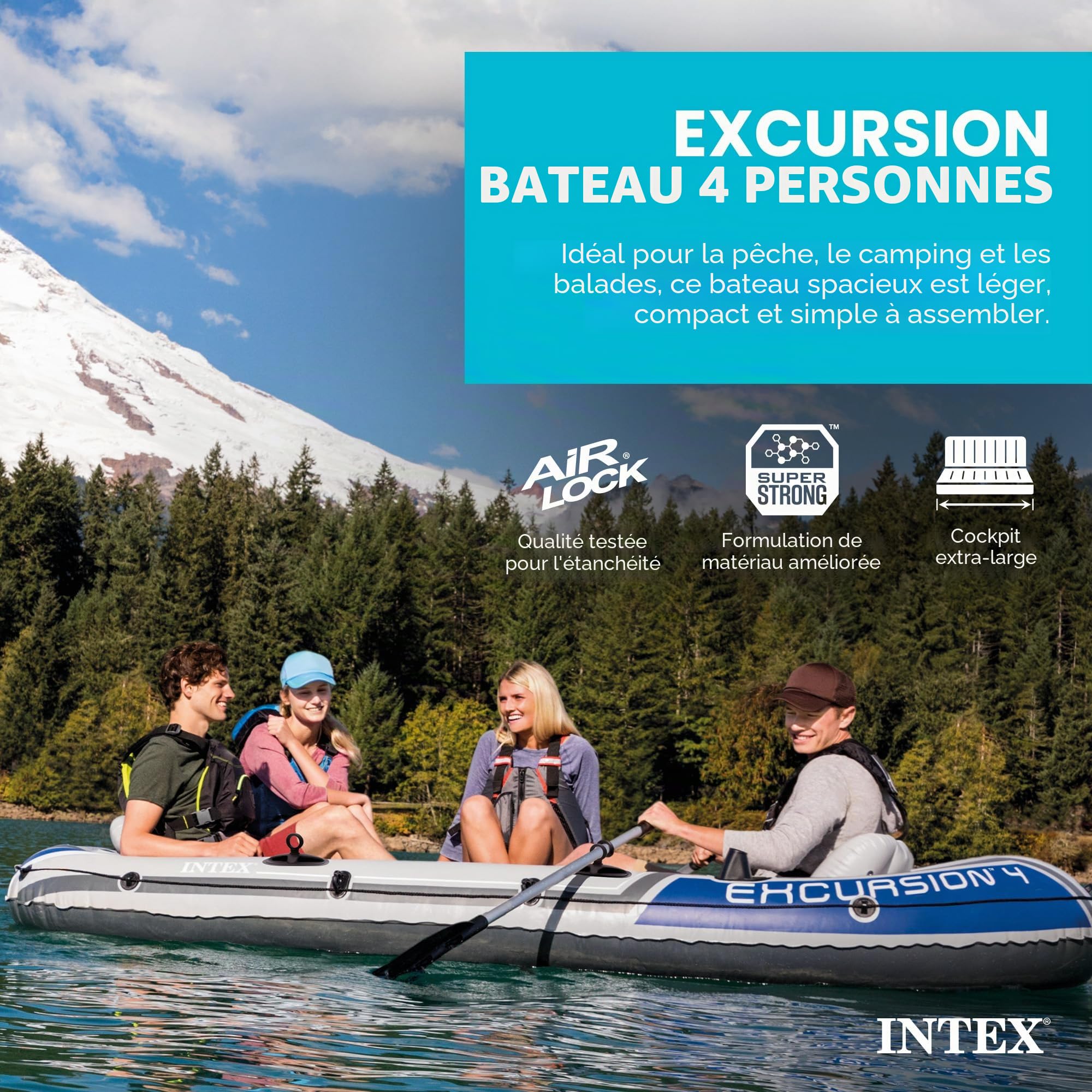 Intex Excursion 4 Bateau gonflable pour 4 personnes avec rames en aluminium et pompe à air à haut rendement