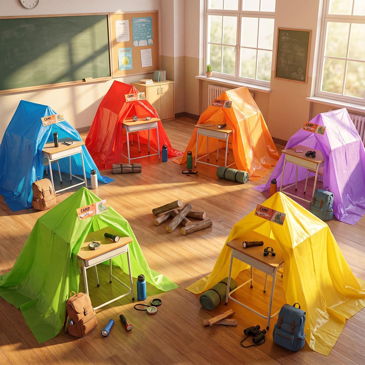 Qunclay 12 Set DIY Classroom Camping Craft Bulk Kit Include Large Tent Cloths, Name Tag, Double-Sided Tape & Adhesive Dots for Camp Read a Lot, School Activity, Party Favor, Classroom Campground