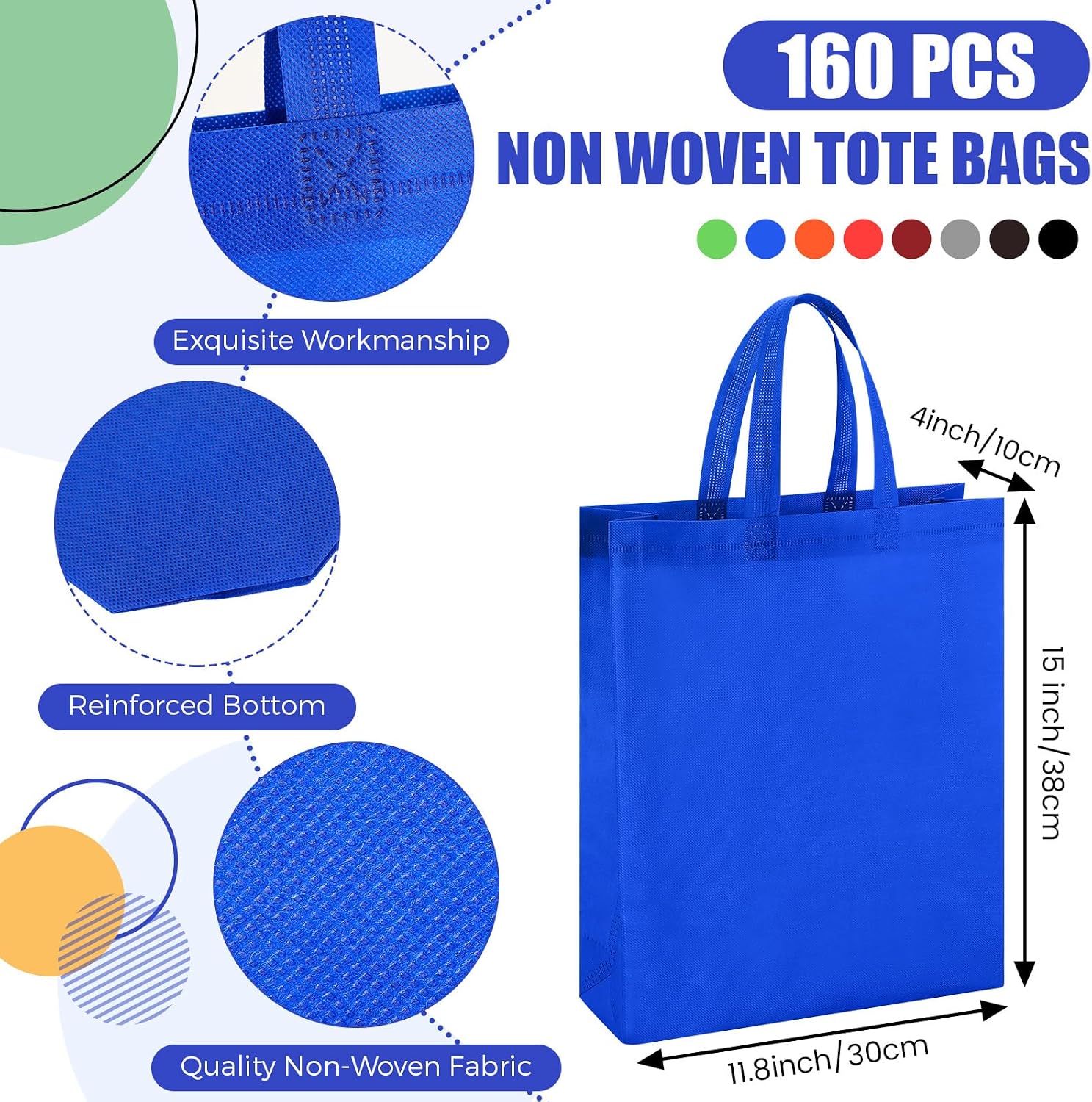Silkfly 160 Pcs Non Woven Tote Bags Bulk 11.8 x 15 x 4 Inch Large Reusable Grocery Bags with Handles Foldable Fabric Shopping Tote Bag Multicolor Rainbow Gift Bags for Home Party Present Supplies