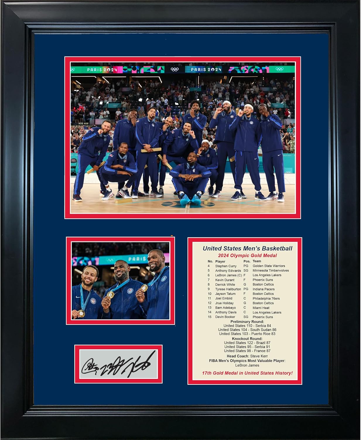 Framed 2024 United States USA Basketball Gold Medal Stephen Curry, LeBron James, Kevin Durant Facsimile Laser Engraved Signature Auto Basketball 11"x14" Photo Sig Collage