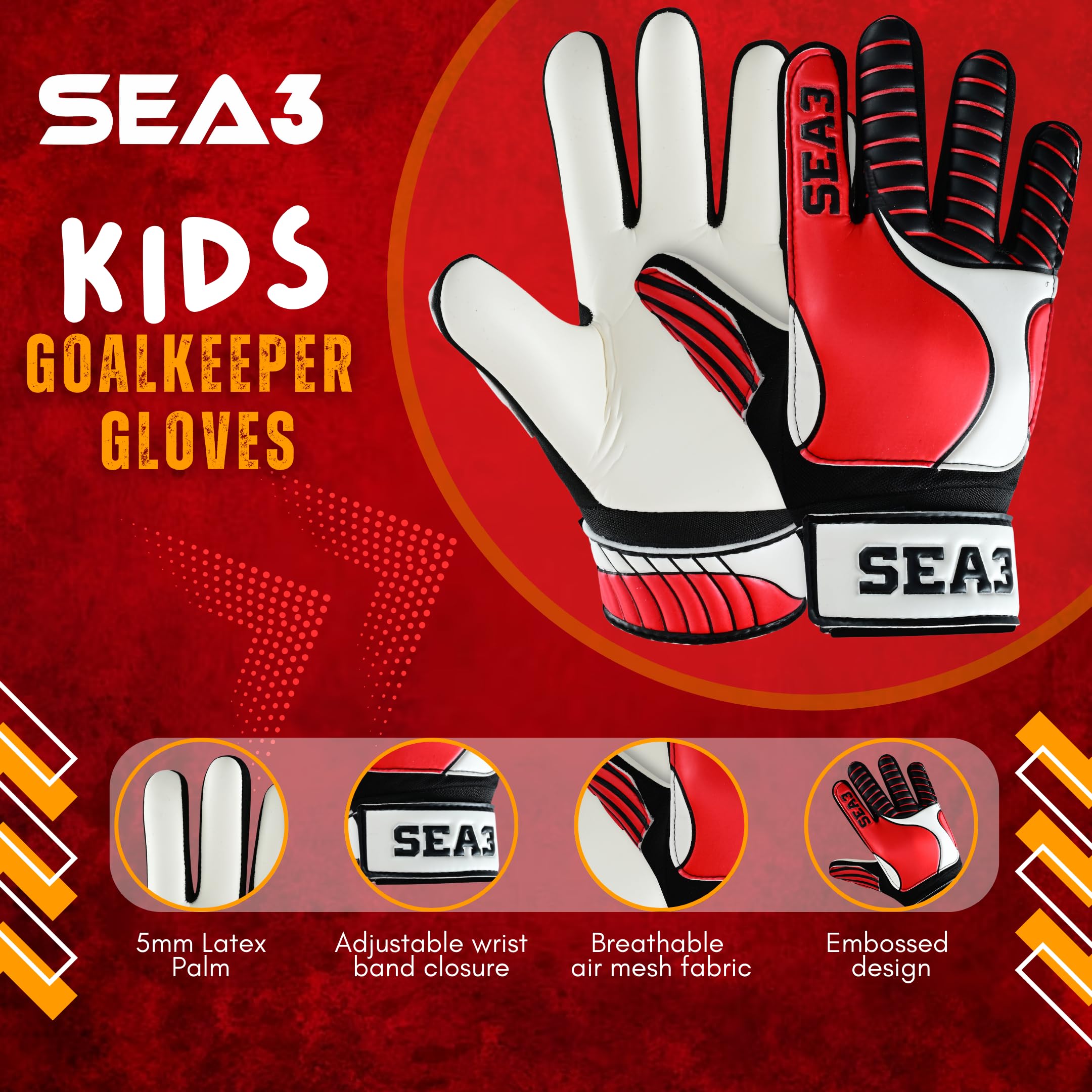 SEA3 Unisex Kids Boys Children's Junior Football Goalkeeper Sports Soccer Training Goalie Gloves, Red - Size 2: Age 4 to 5 Years - Image 2