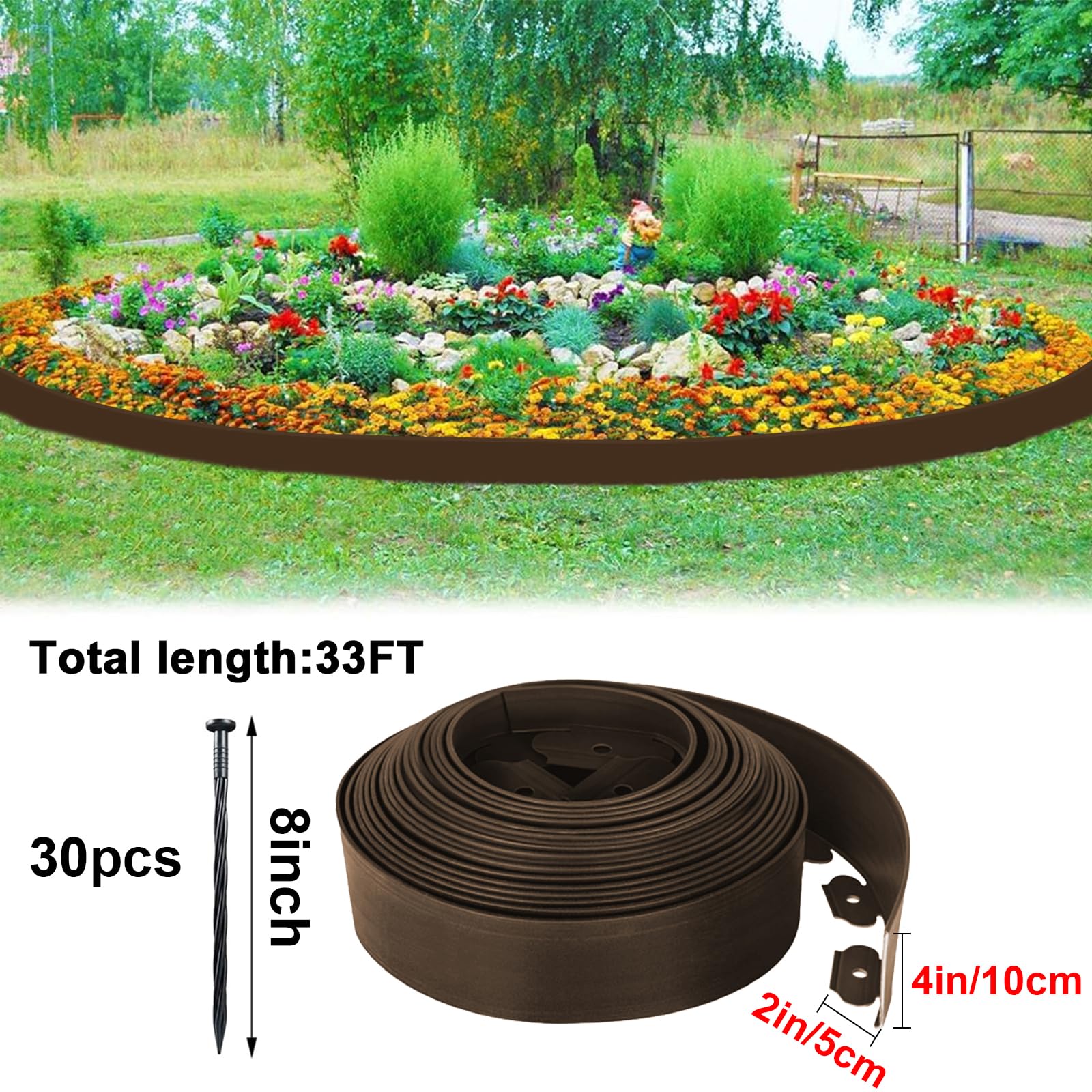 Bordure de Jardin Flexible 10 mètres Hauteur 10cm Bordure Jardin Exterieur avec 30 Piquets d’ancrage (Marron)