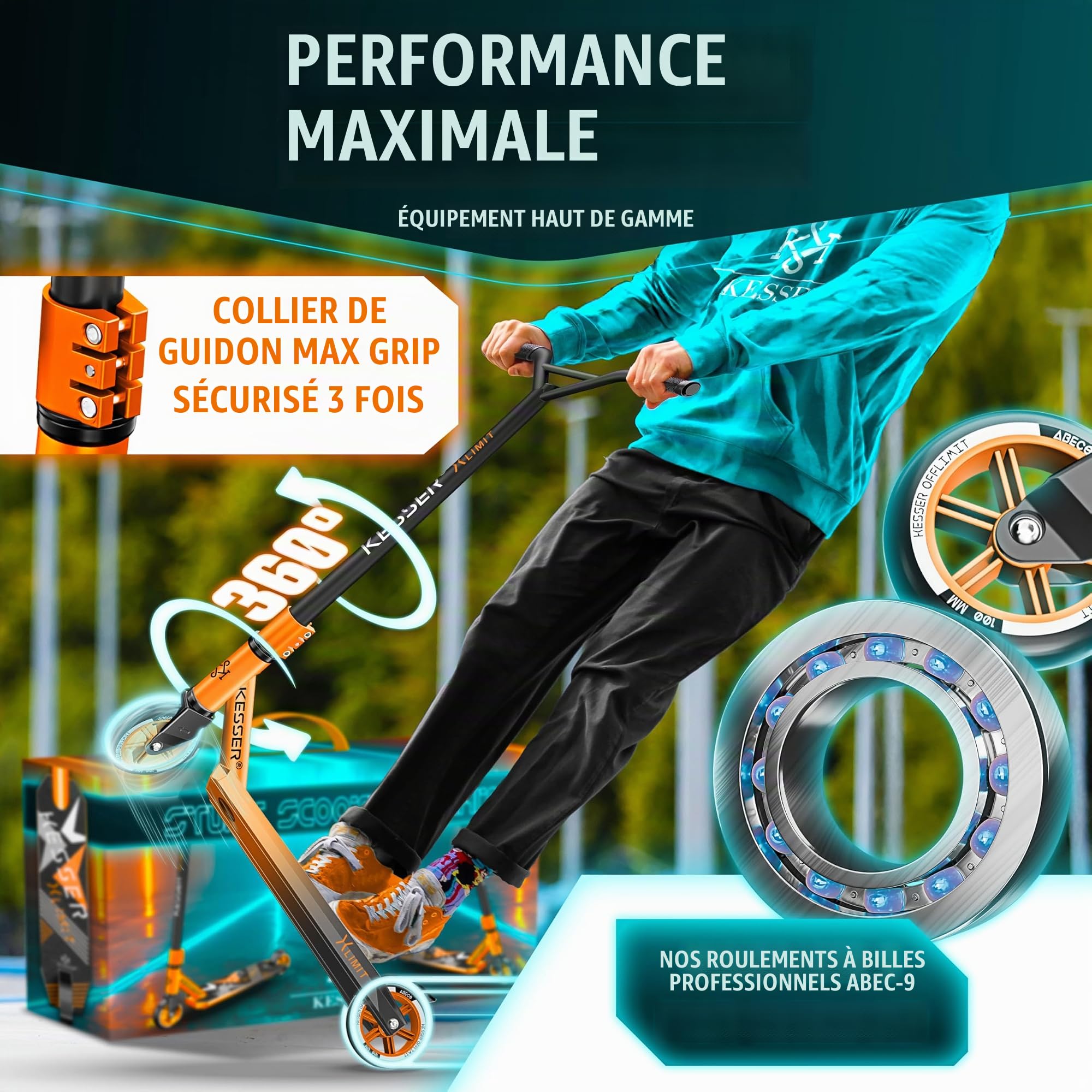 KESSER® Trottinette Freestyle | Trottinette Freestyle X-Limit | Direction à 360° | Roulements à Billes ABEC 9 de 100 mm | Roues en polyuréthane | Robuste | Orange