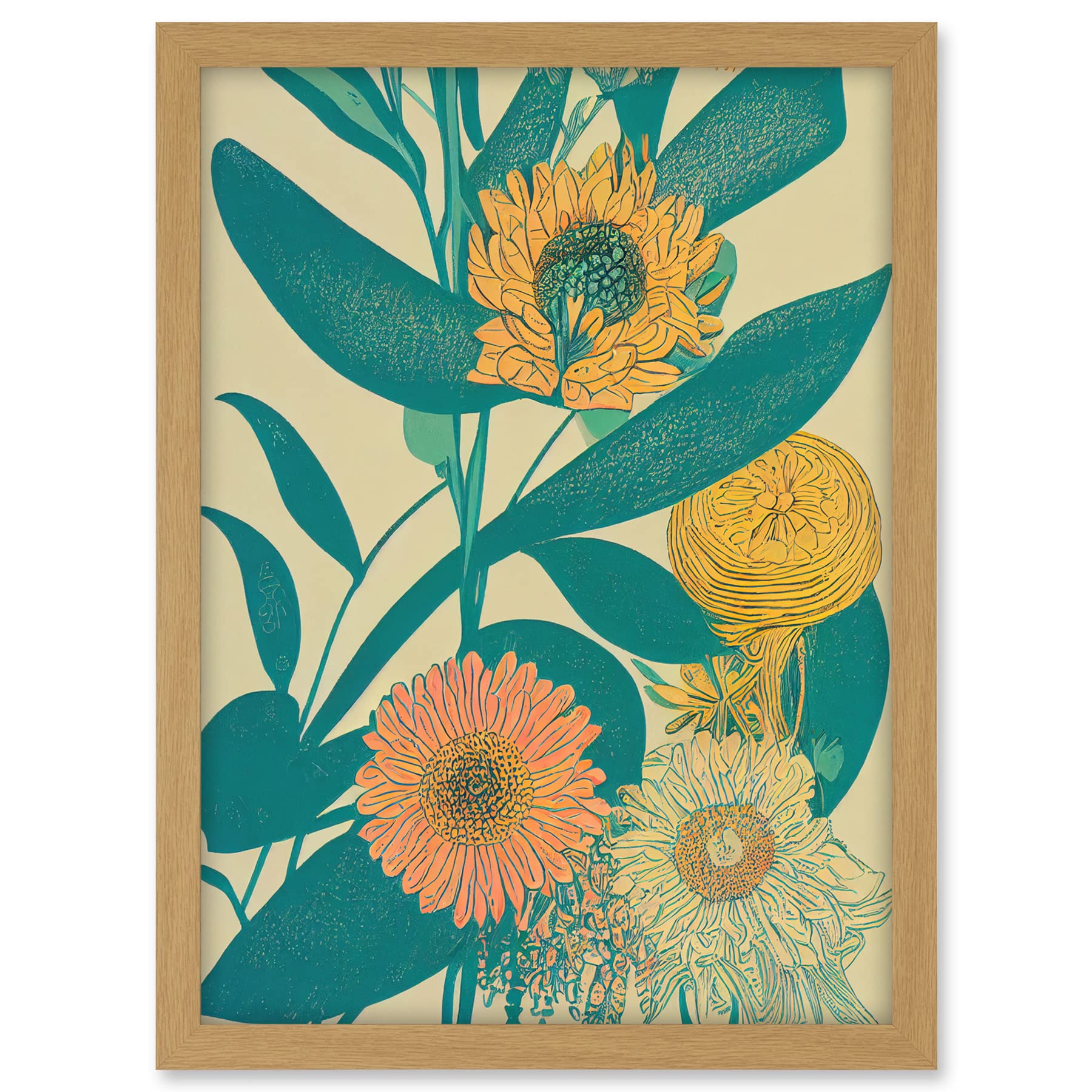 Wee Blue Coo Marigold Daisy Flowers Turquoise Leaves Bright Colourful Abstract Artwork Framed A3 Wall Art Print