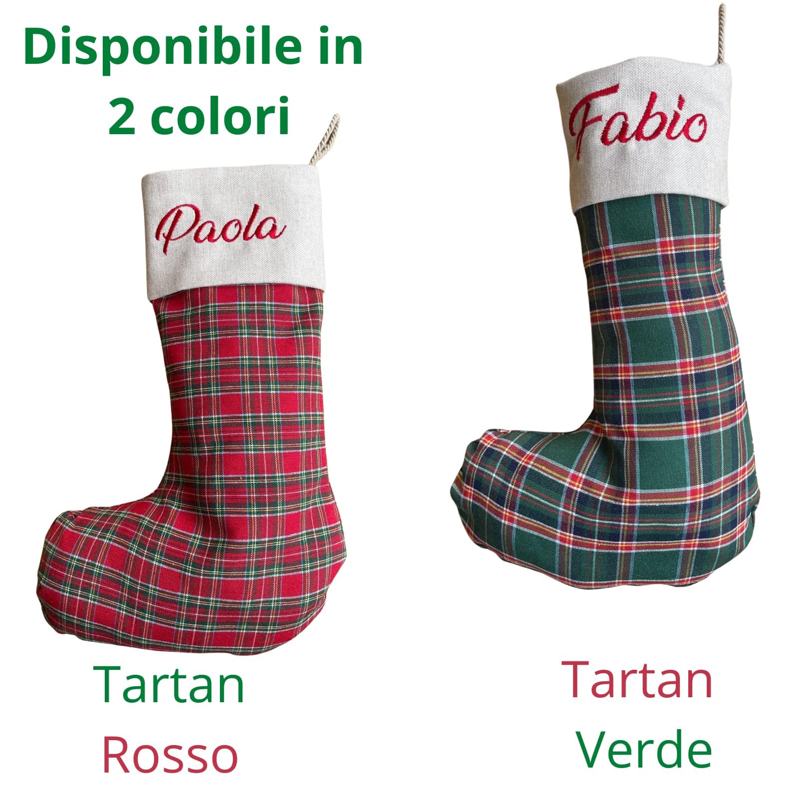 Calza Befana Personalizzata con Nome Ricamato – Calza Natalizia Artigianale in Tartan Rosso – Calza della Befana per Bambini e Adulti – Regalo Personalizzato Natale